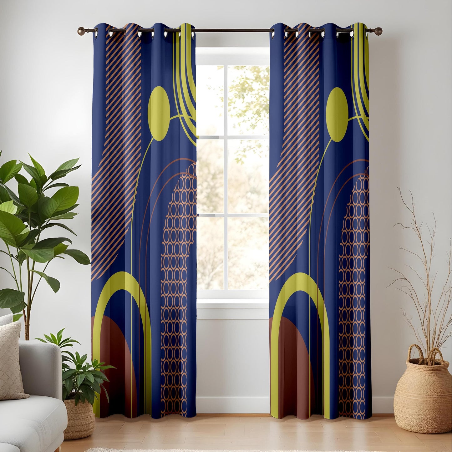 Onay Modern Geometric Living Room Curtains, Navy Blue & Yellow Abstract Drapes