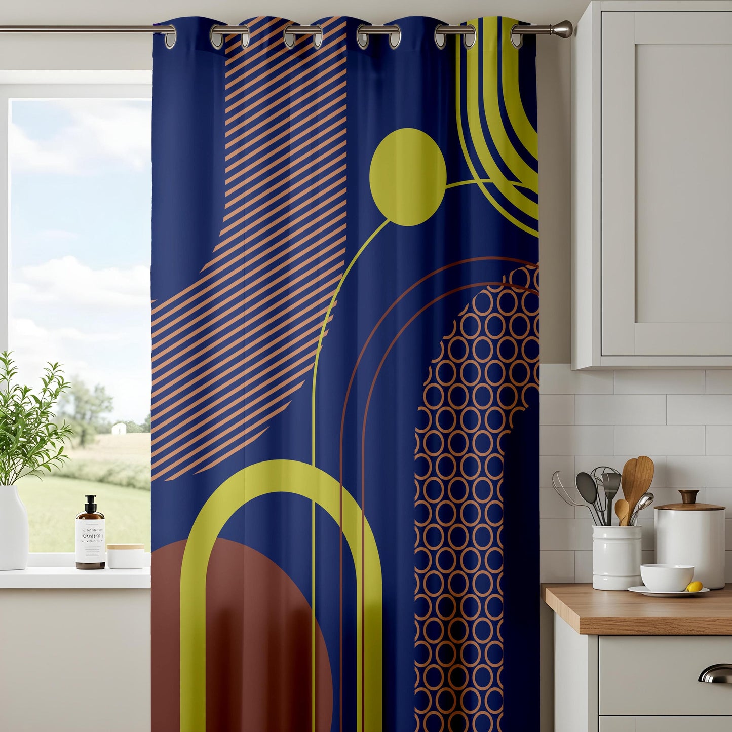 Onay Modern Geometric Living Room Curtains, Navy Blue & Yellow Abstract Drapes