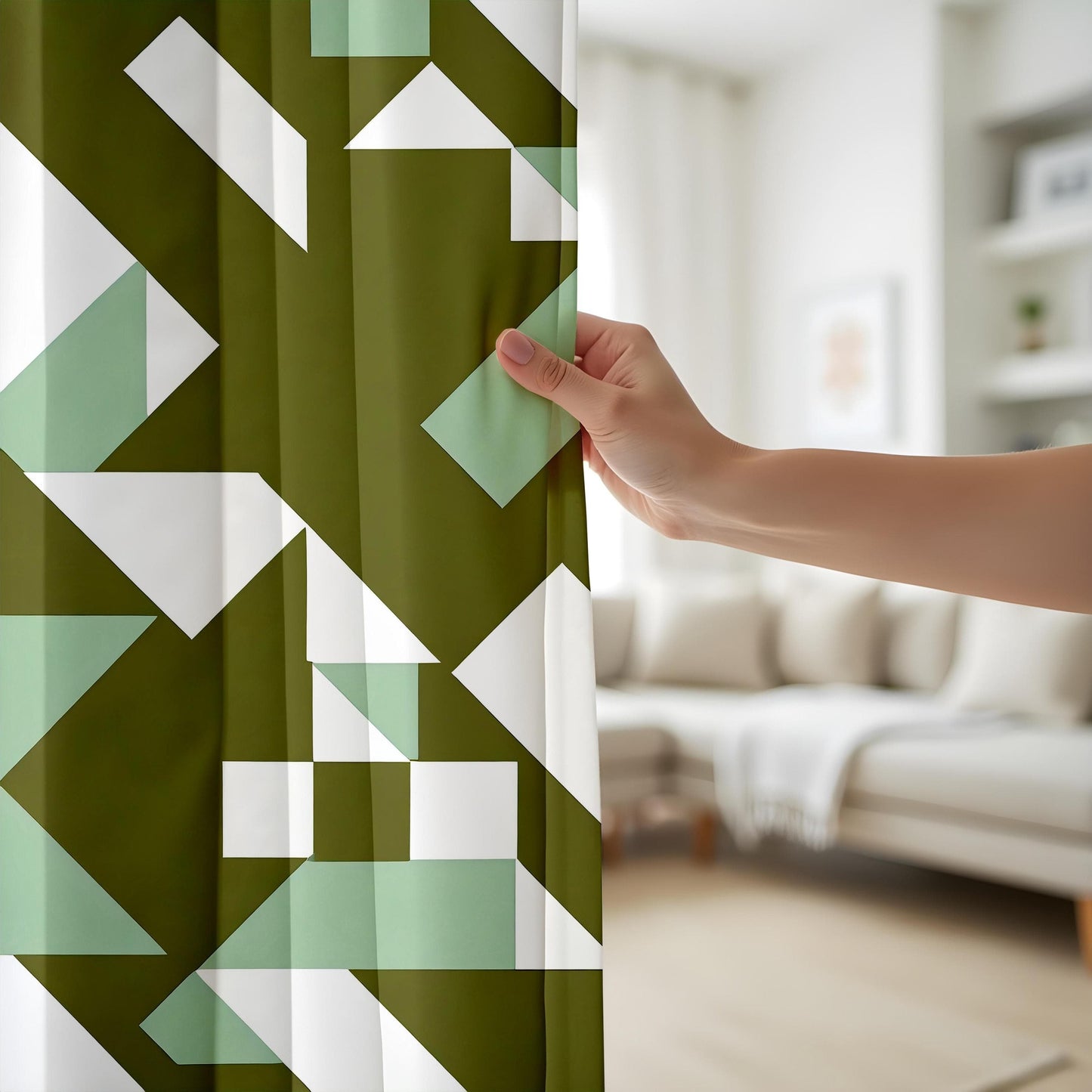 Onay Curtain Modern Geometric Made to Measure Curtains in Olive Green and Mint