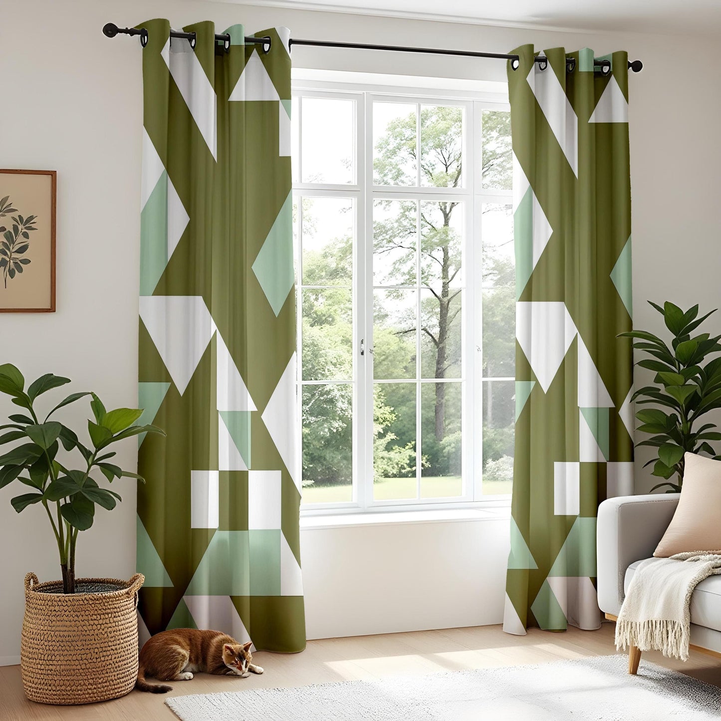 Onay Curtain Modern Geometric Made to Measure Curtains in Olive Green and Mint