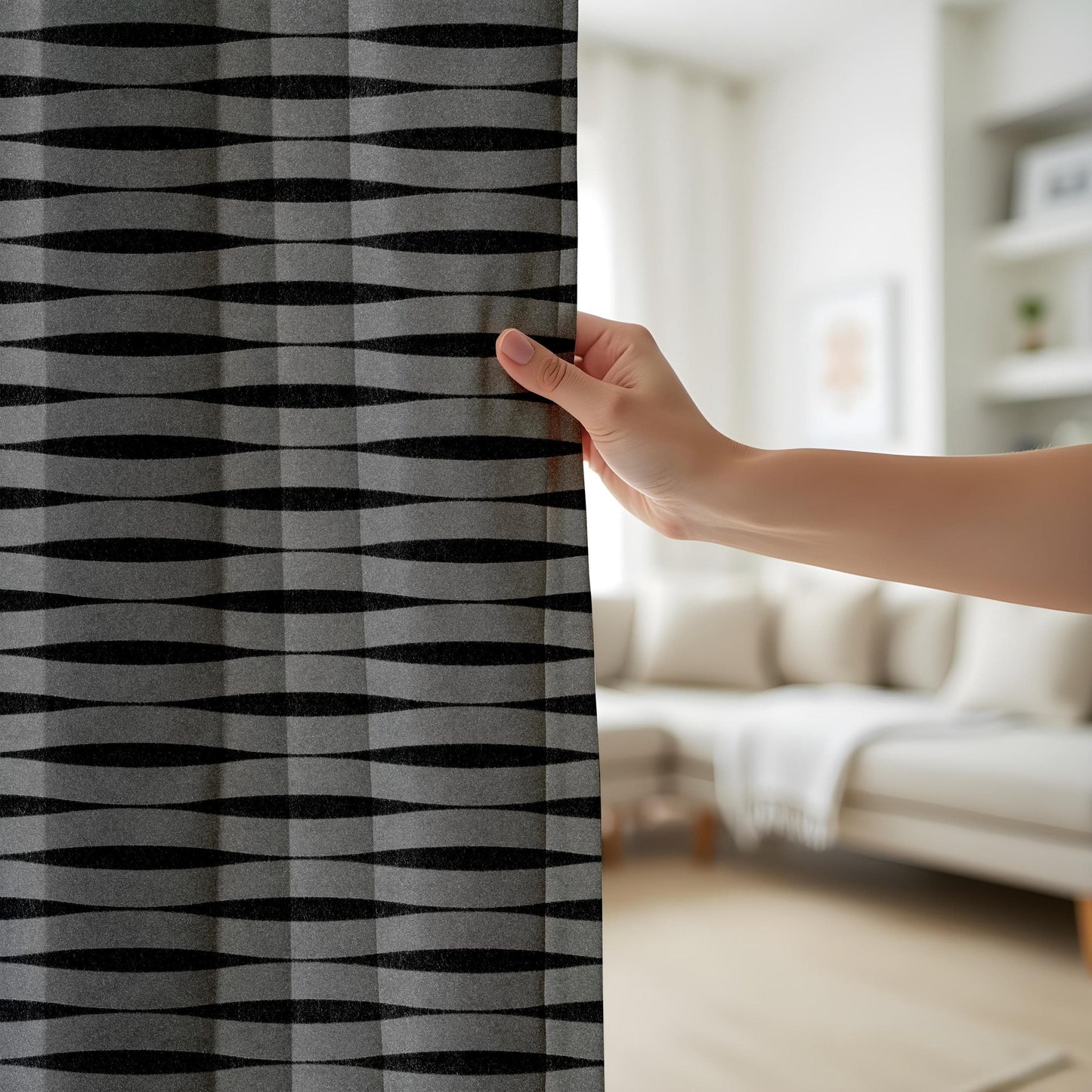 Onay Modern Gray and Black Wavy Pattern Curtains, Minimalist Geometric Window Drapes