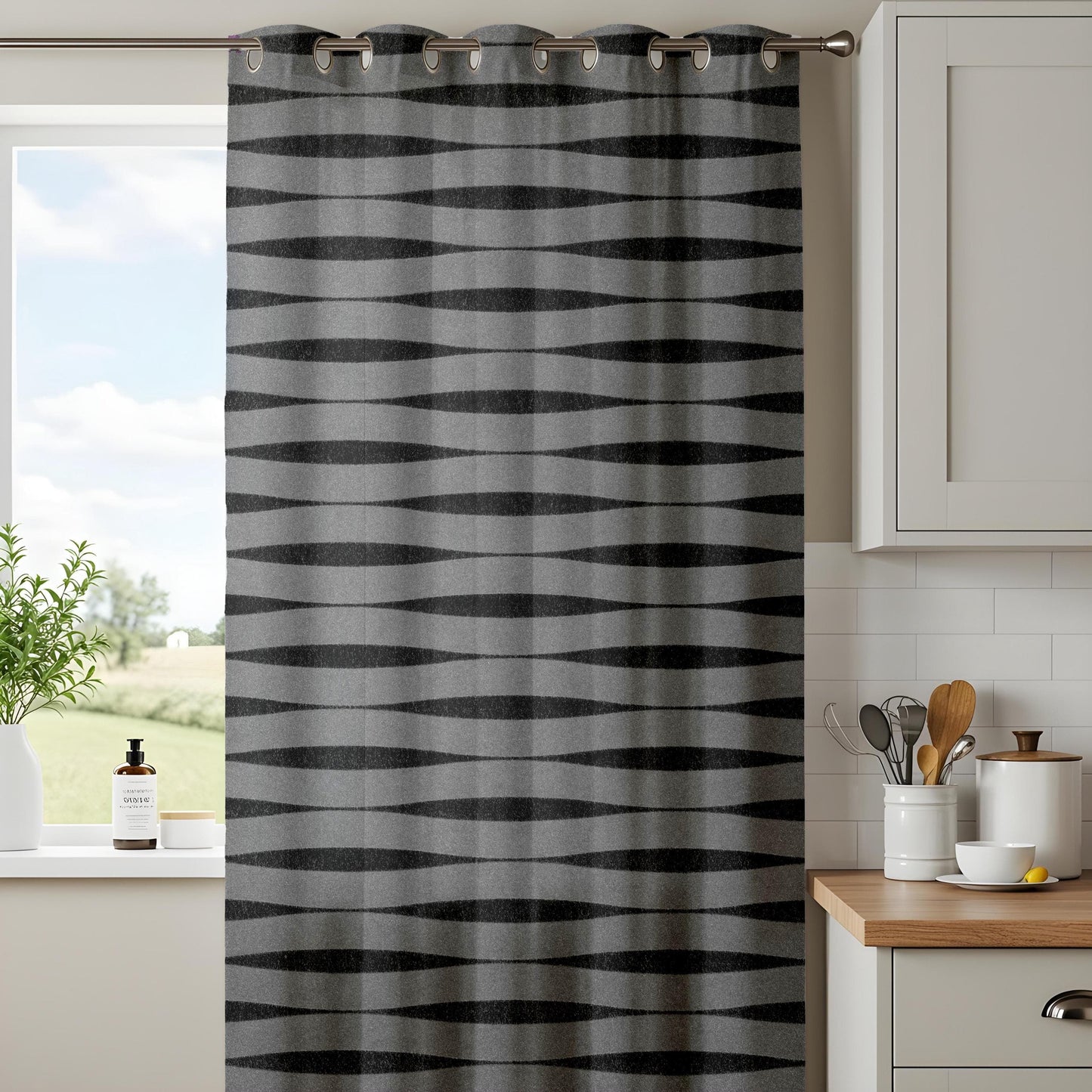 Onay Modern Gray and Black Wavy Pattern Curtains, Minimalist Geometric Window Drapes
