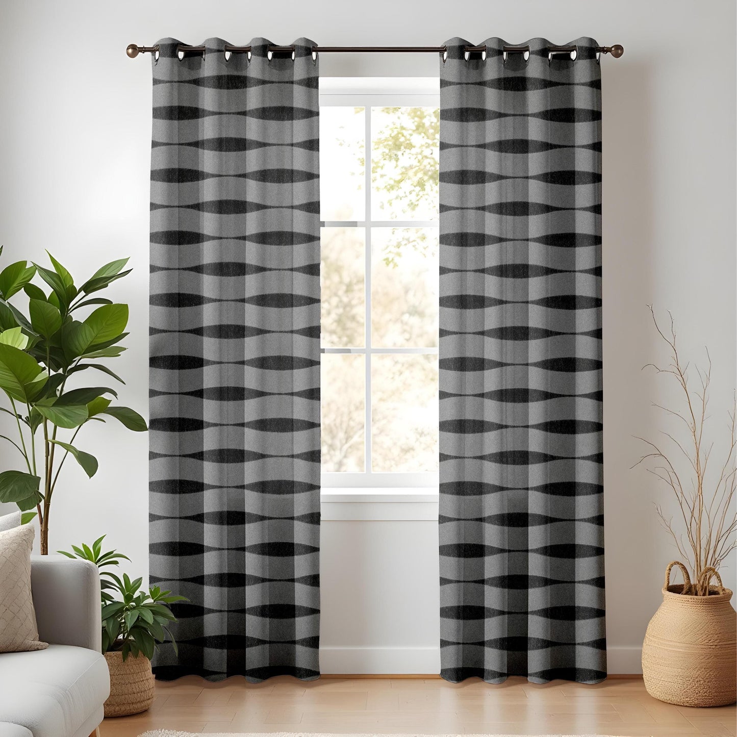 Onay Modern Gray and Black Wavy Pattern Curtains, Minimalist Geometric Window Drapes