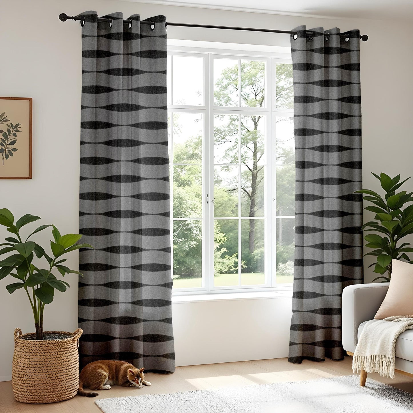 Onay Modern Gray and Black Wavy Pattern Curtains, Minimalist Geometric Window Drapes
