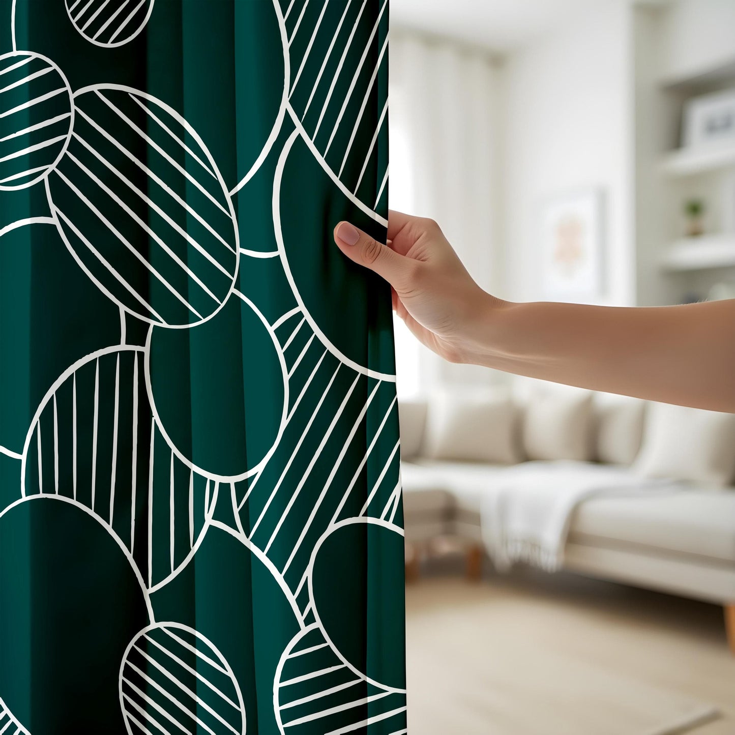 Onay Modern Green Patterned Curtains, Geometric Abstract Design Print Drapes
