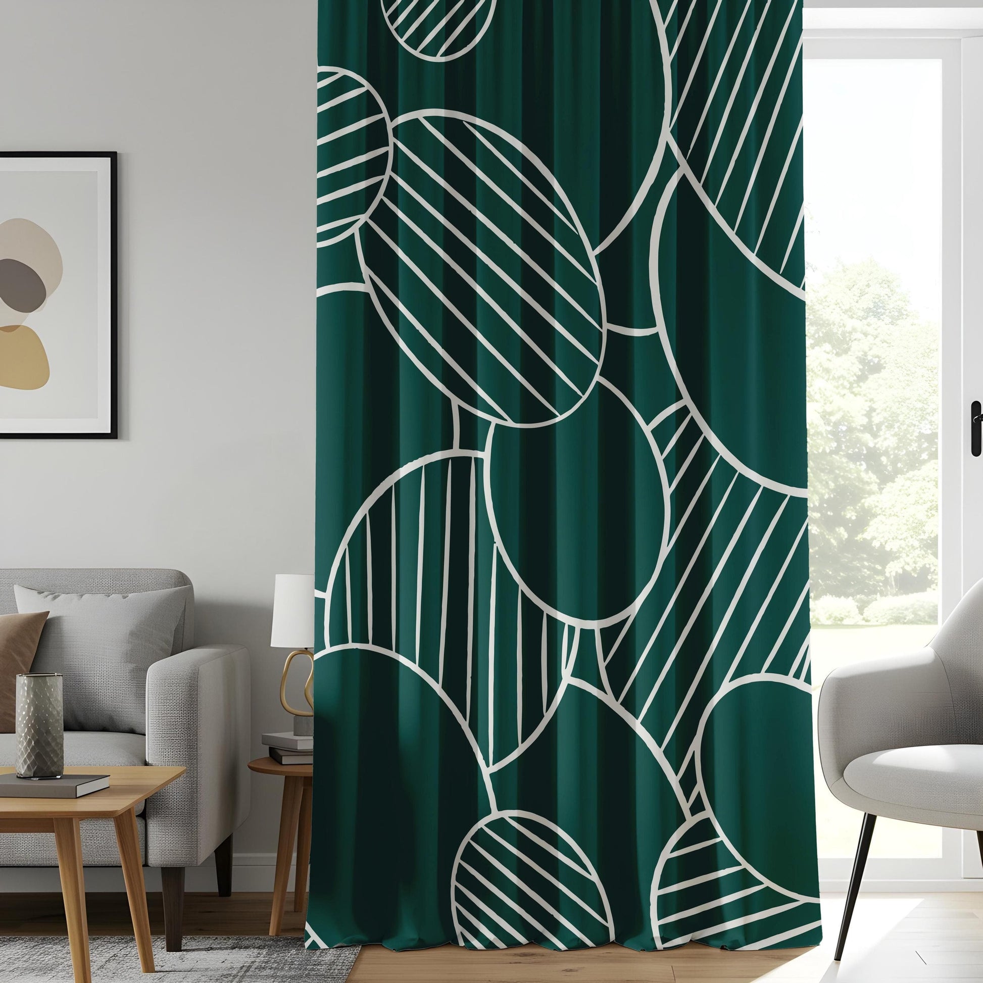 Onay Modern Green Patterned Curtains, Geometric Abstract Design Print Drapes