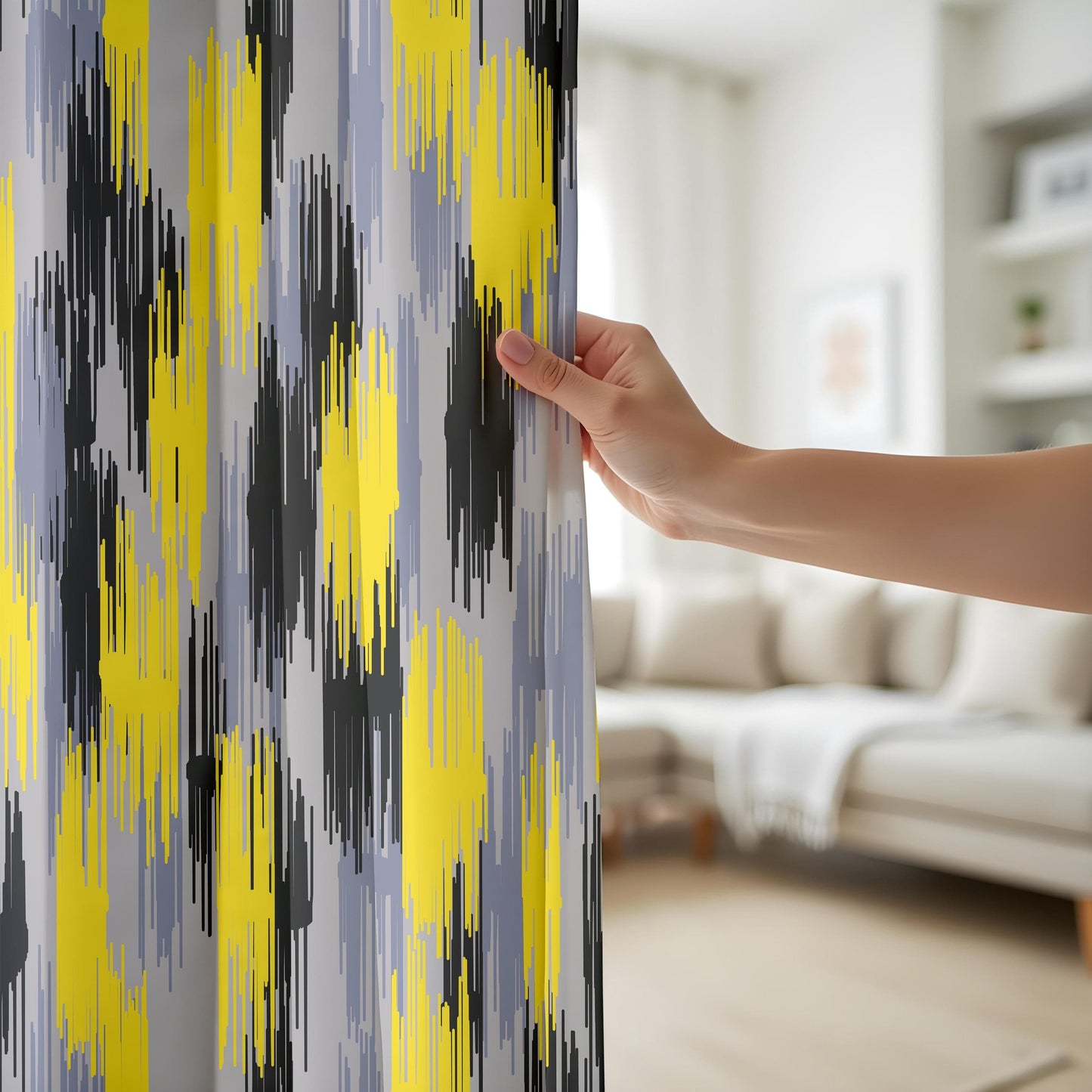 Onay Modern Ikat Abstract Curtains – Yellow & Gray Digital Brushstroke Pattern Drapes