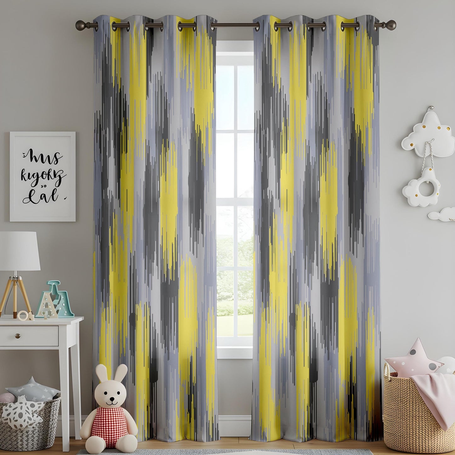 Onay Modern Ikat Abstract Curtains – Yellow & Gray Digital Brushstroke Pattern Drapes