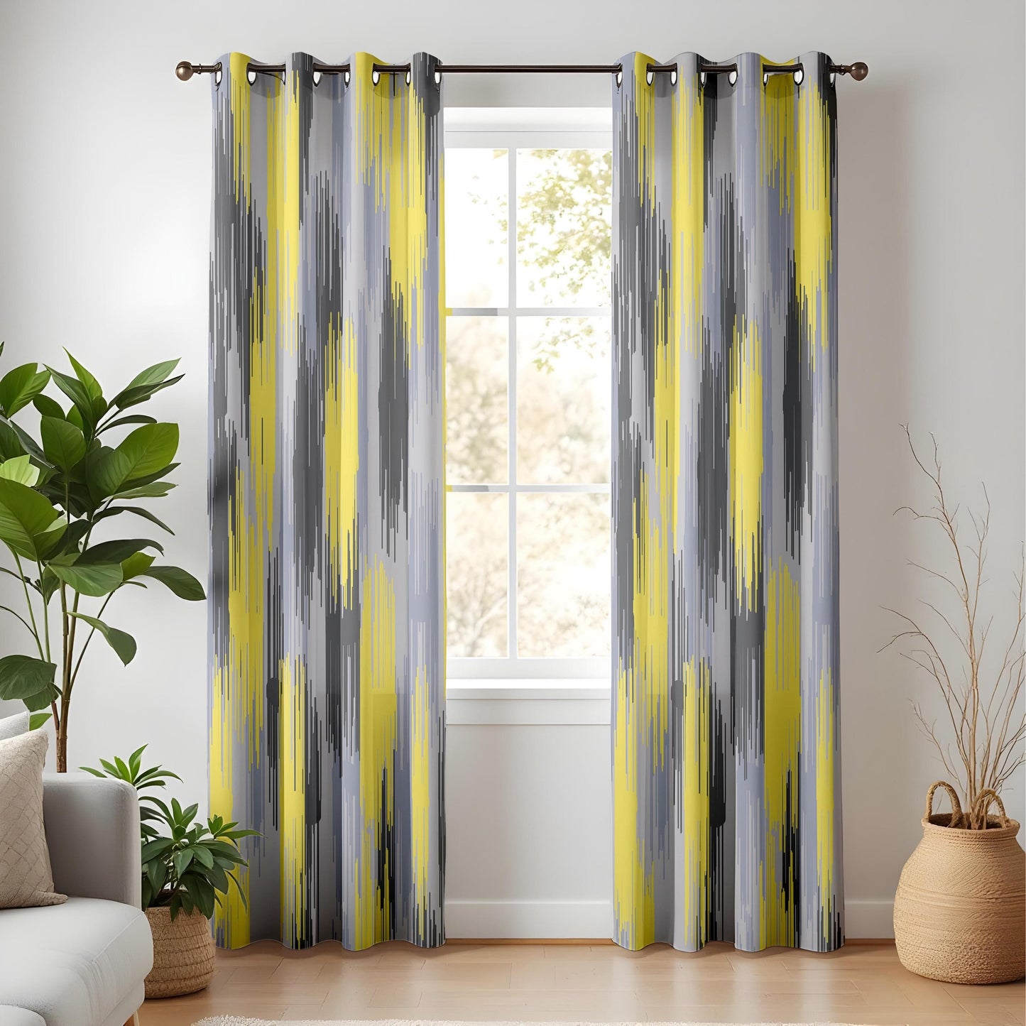 Onay Modern Ikat Abstract Curtains – Yellow & Gray Digital Brushstroke Pattern Drapes