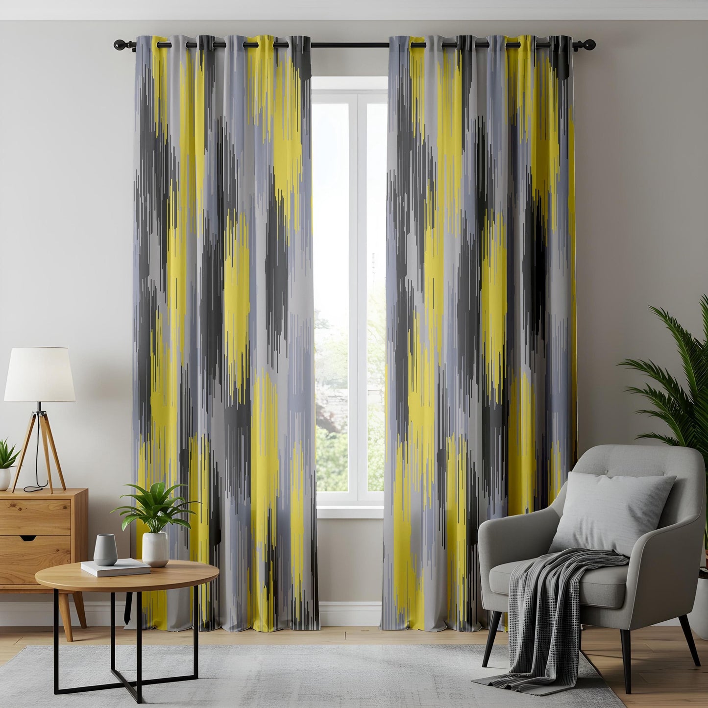 Onay Modern Ikat Abstract Curtains – Yellow & Gray Digital Brushstroke Pattern Drapes