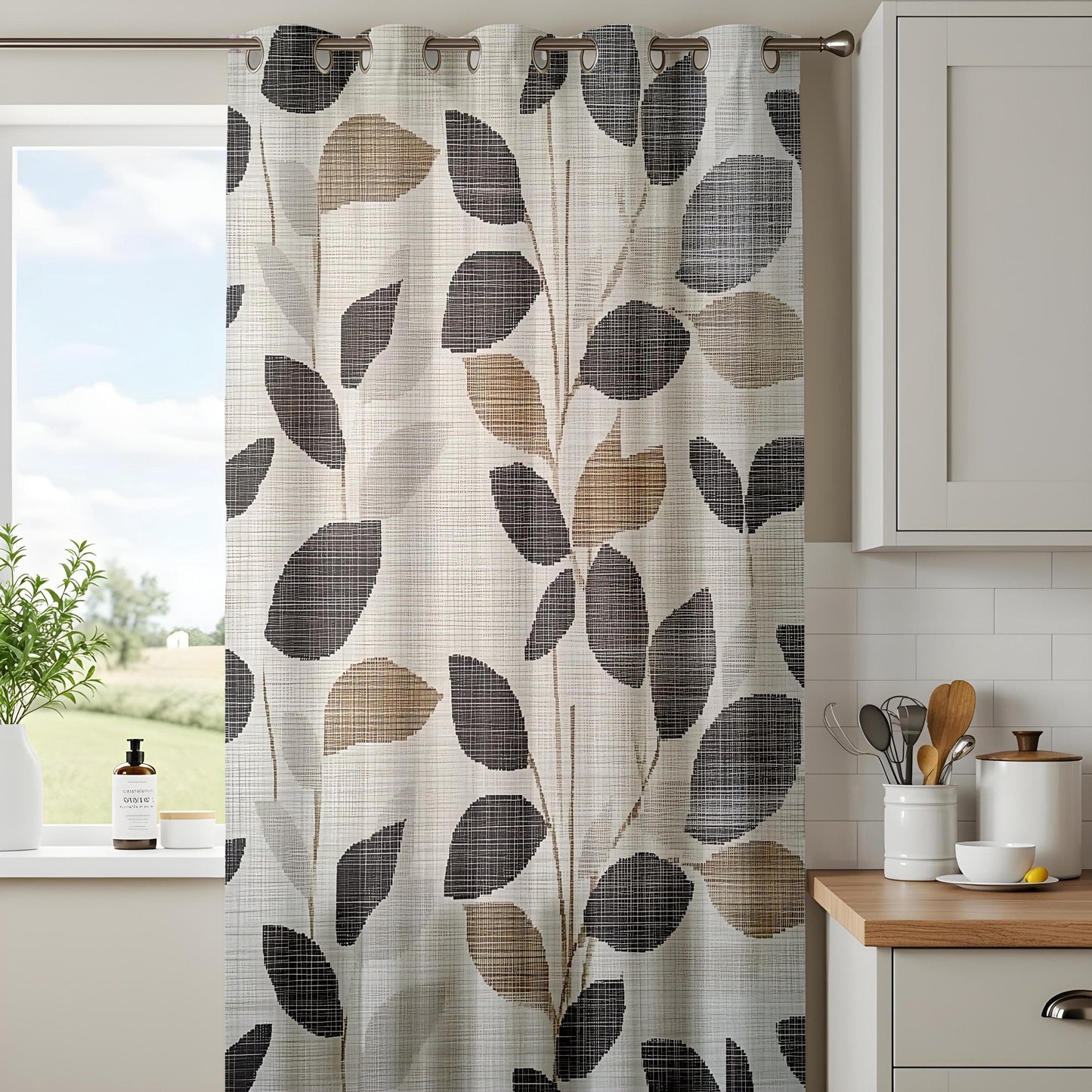 Onay Modern Leaf Pattern Window Curtains, Minimalist Botanical Drapes