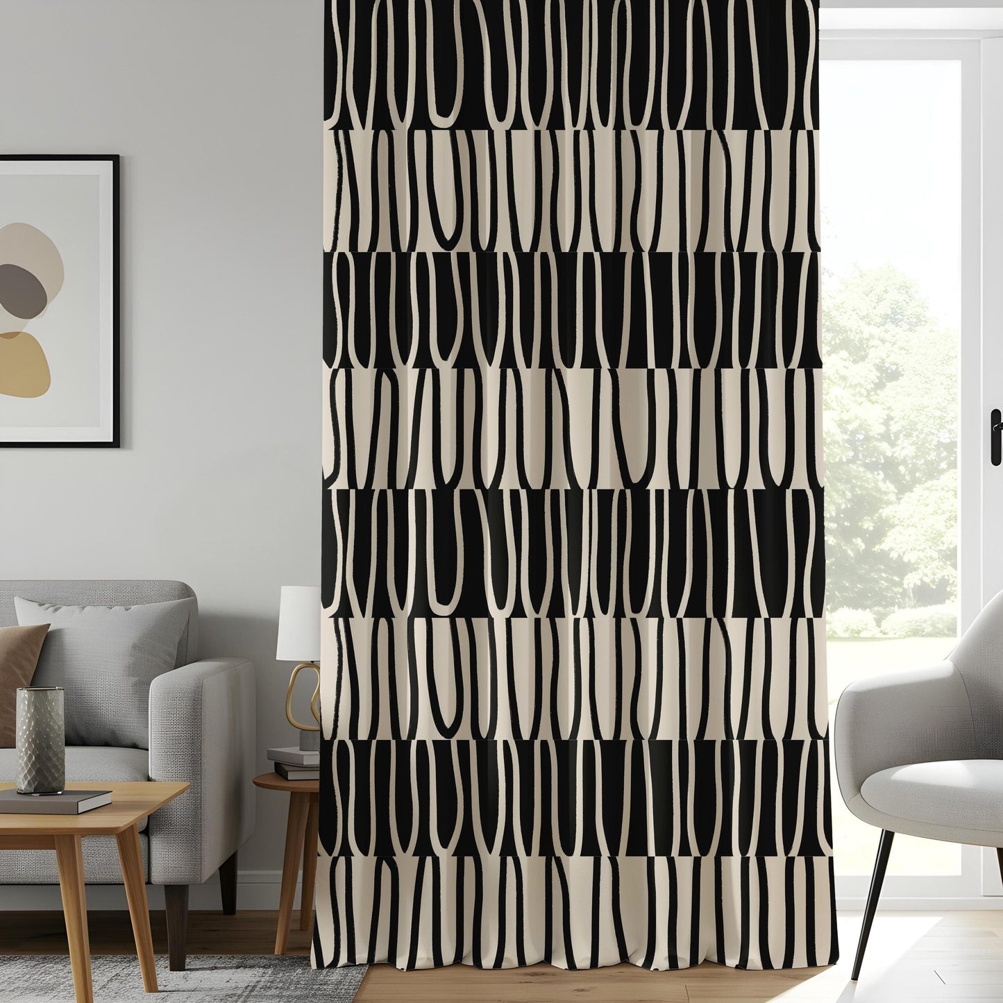 Onay Modern Minimalist Curtains, Black & Beige Abstract Drapes