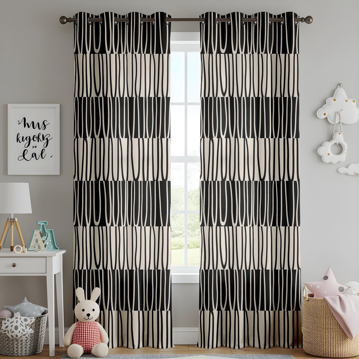 Onay Modern Minimalist Curtains, Black & Beige Abstract Drapes