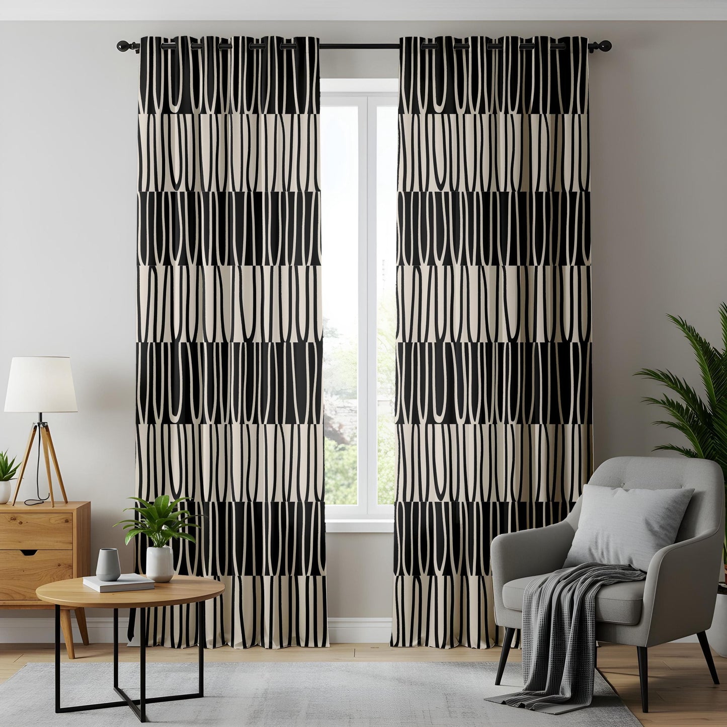 Onay Modern Minimalist Curtains, Black & Beige Abstract Drapes