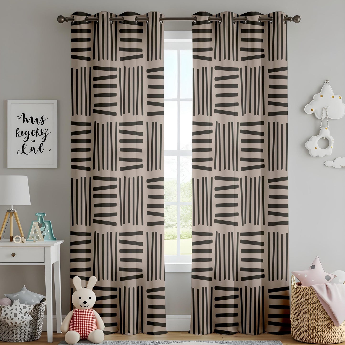 Onay Modern Minimalist Geometric Curtains – Black and Beige Abstract Drapes