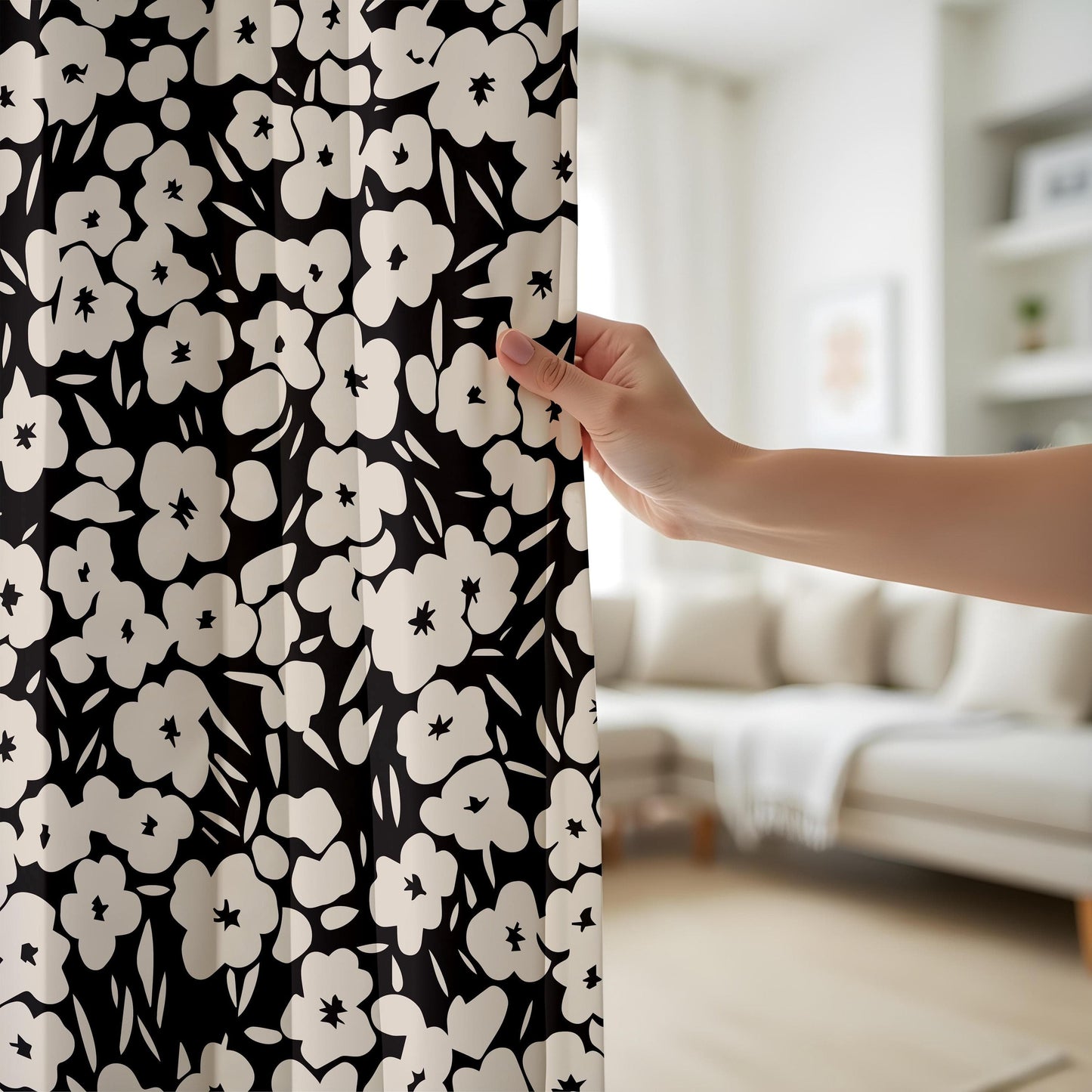 Onay Modern Monochrome Curtains – Bold Black & White Botanical Drapes
