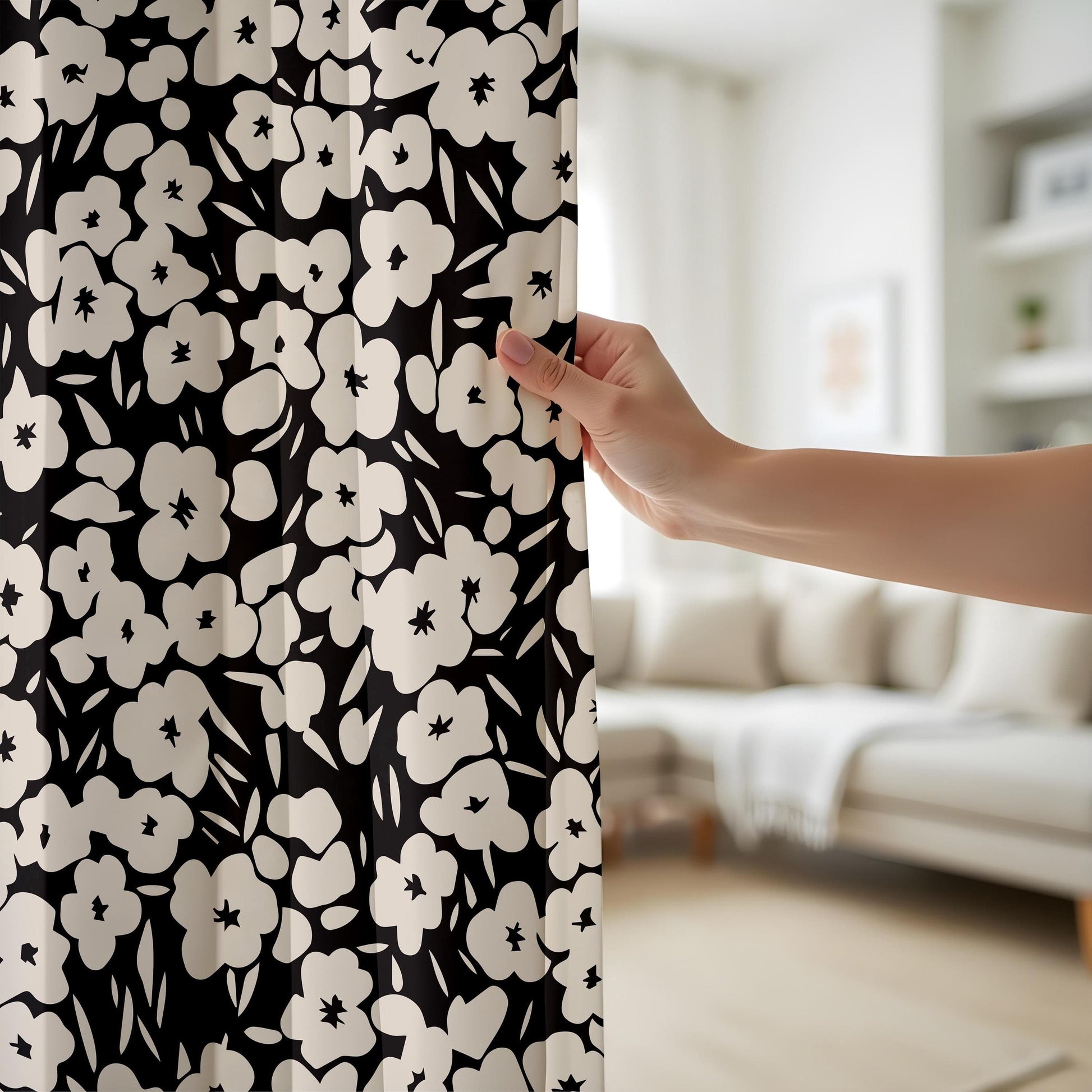 Onay Modern Monochrome Curtains – Bold Black & White Botanical Drapes
