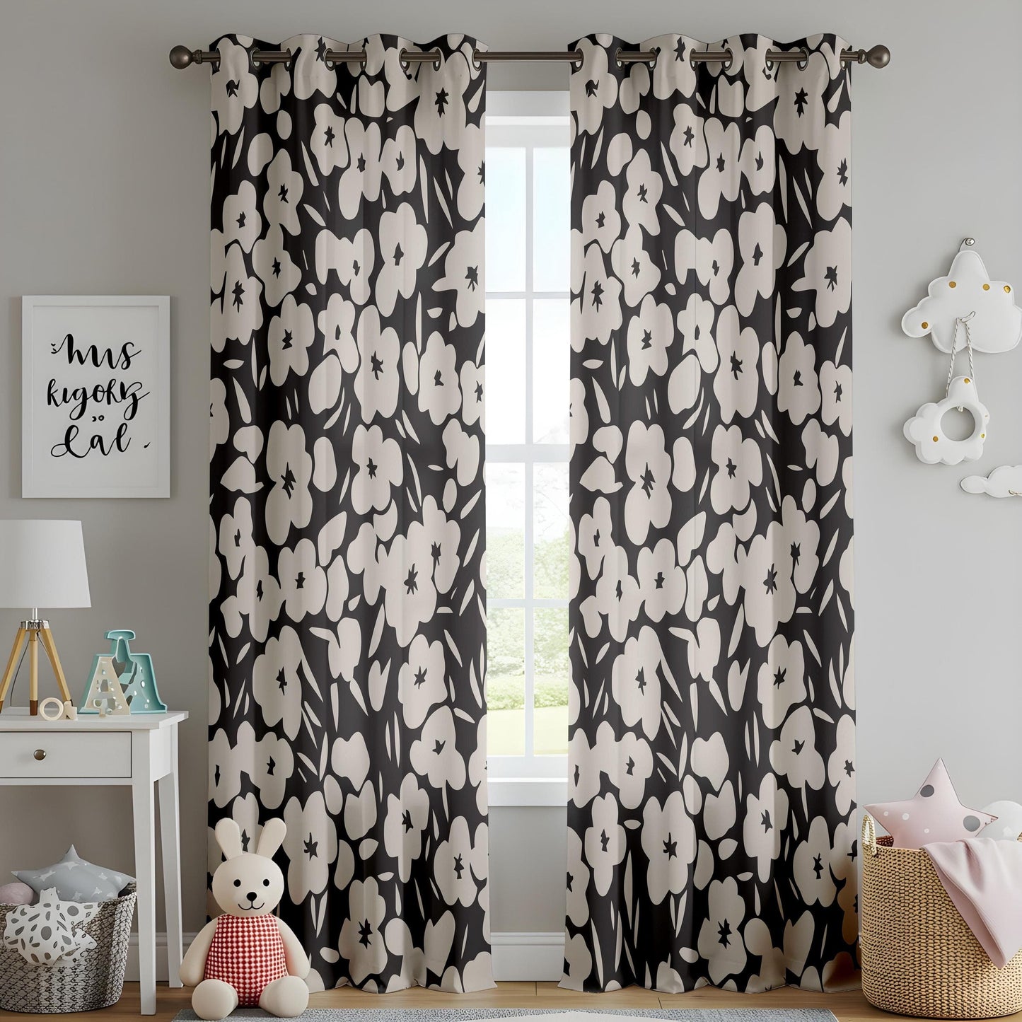 Onay Modern Monochrome Curtains – Bold Black & White Botanical Drapes