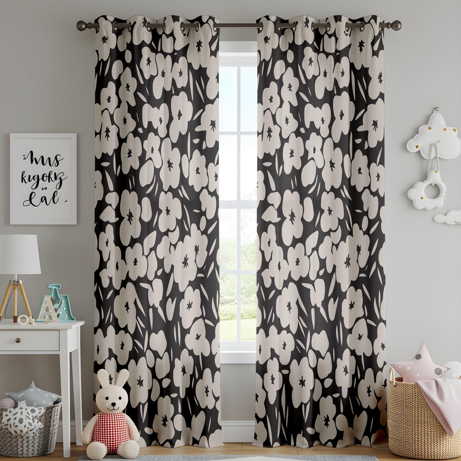 Onay Modern Monochrome Curtains – Bold Black & White Botanical Drapes