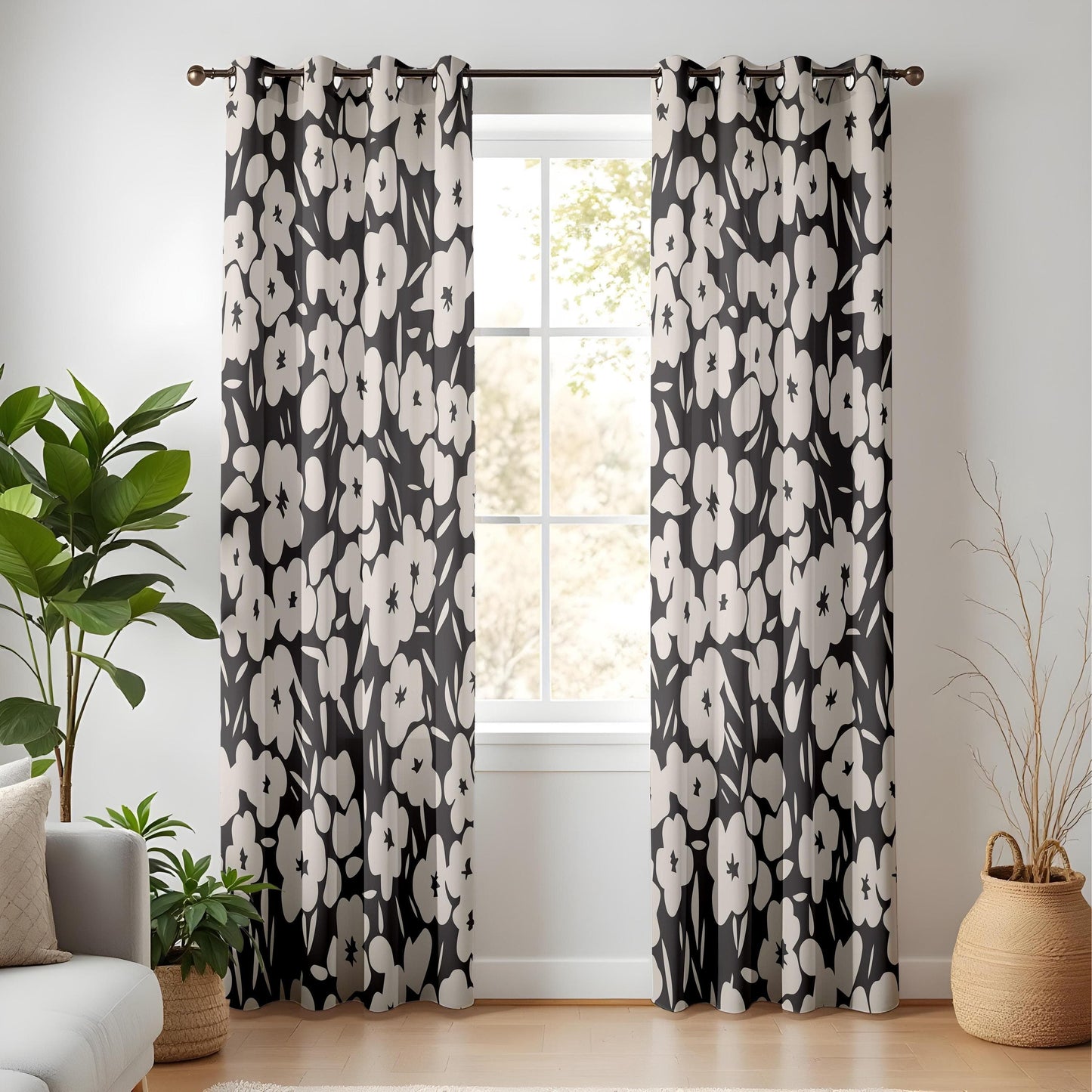 Onay Modern Monochrome Curtains – Bold Black & White Botanical Drapes