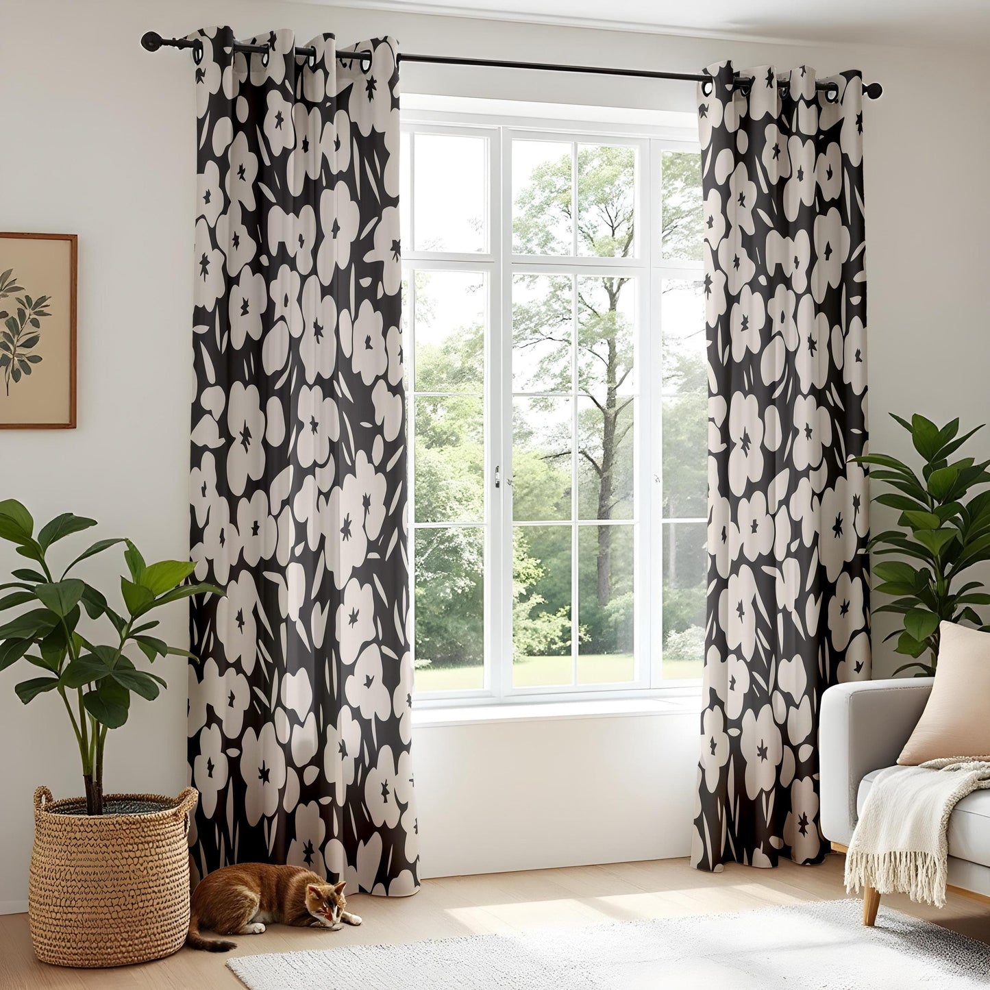 Onay Modern Monochrome Curtains – Bold Black & White Botanical Drapes