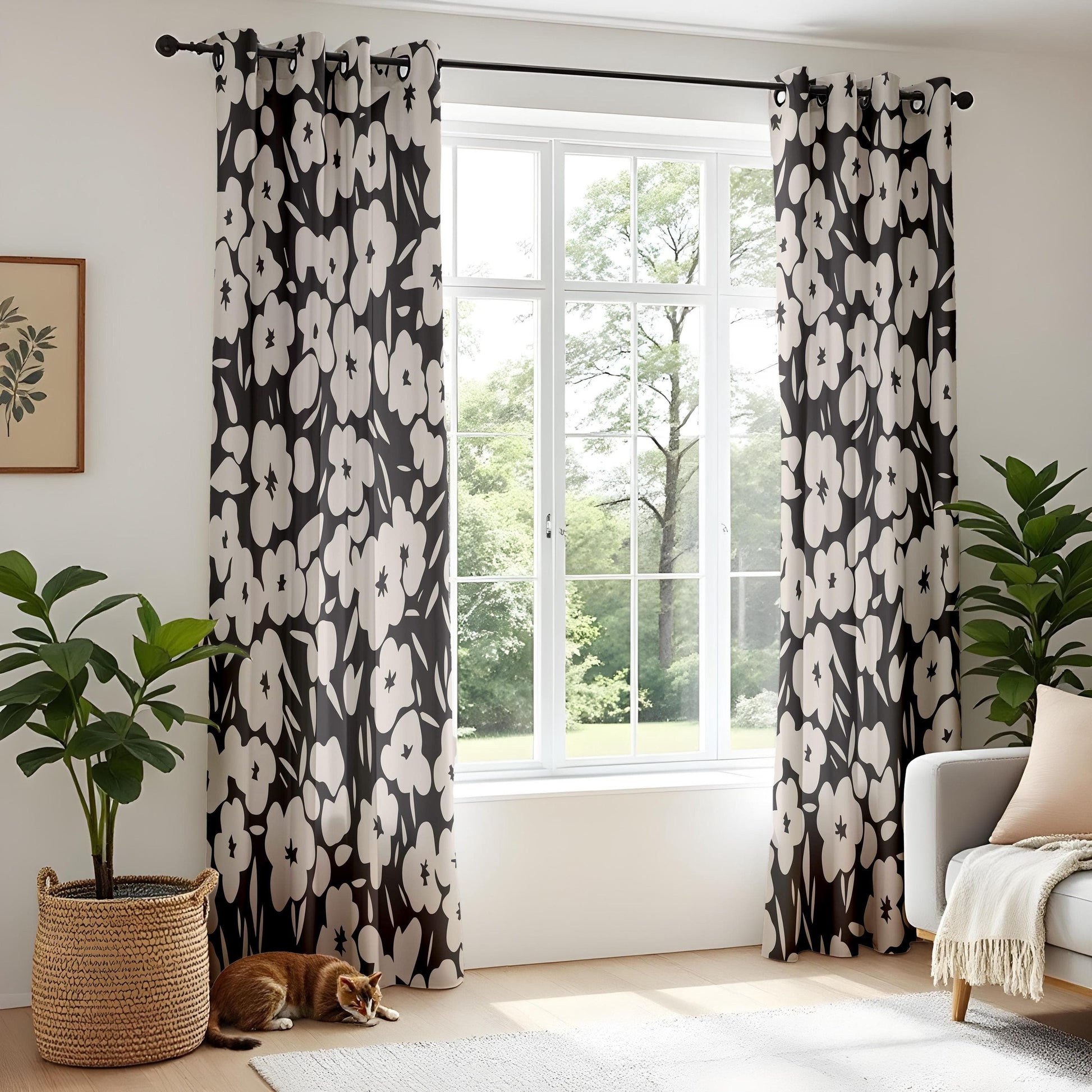 Onay Modern Monochrome Curtains – Bold Black & White Botanical Drapes