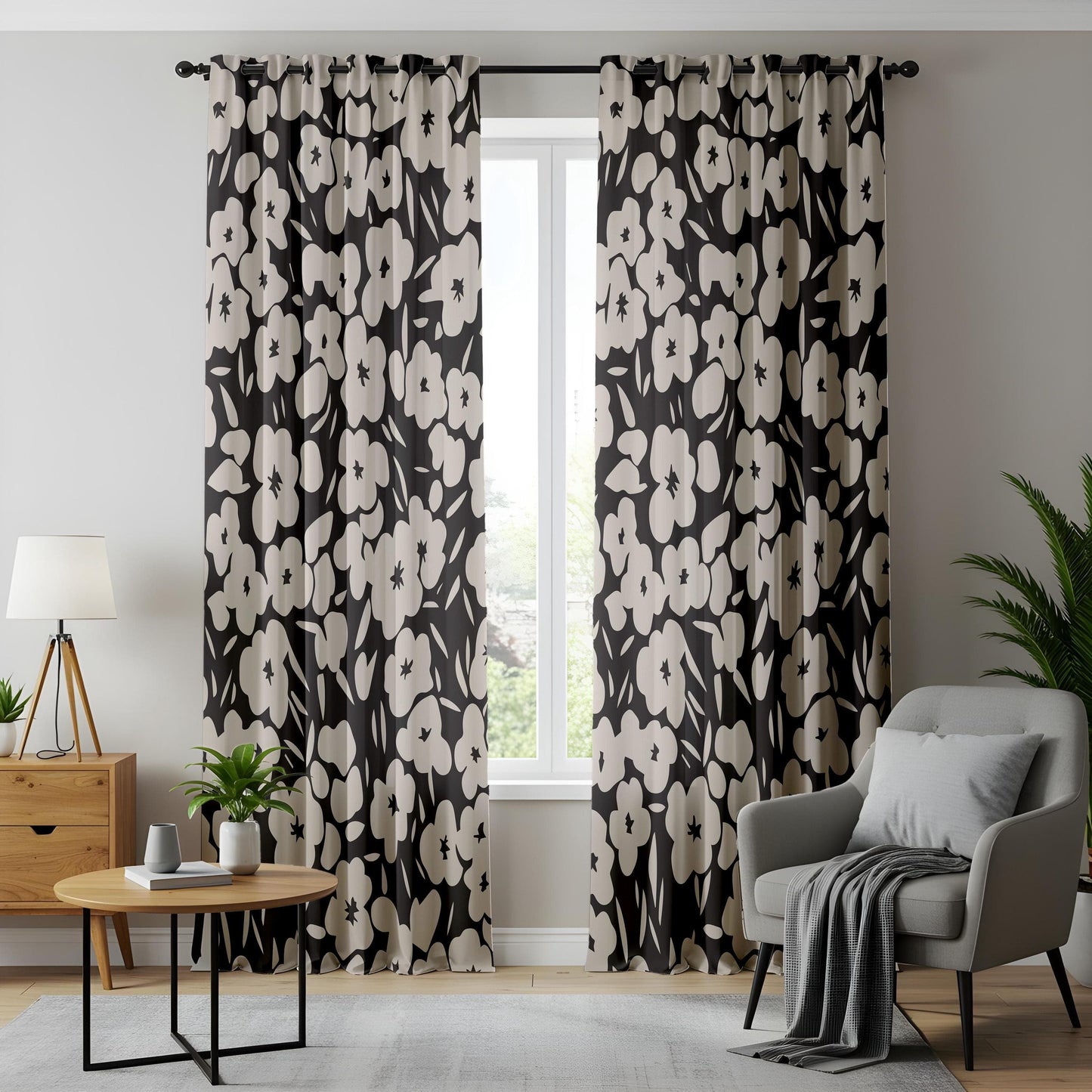 Onay Modern Monochrome Curtains – Bold Black & White Botanical Drapes