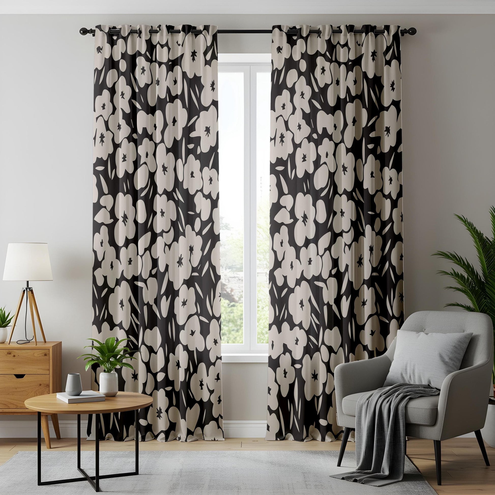 Onay Modern Monochrome Curtains – Bold Black & White Botanical Drapes
