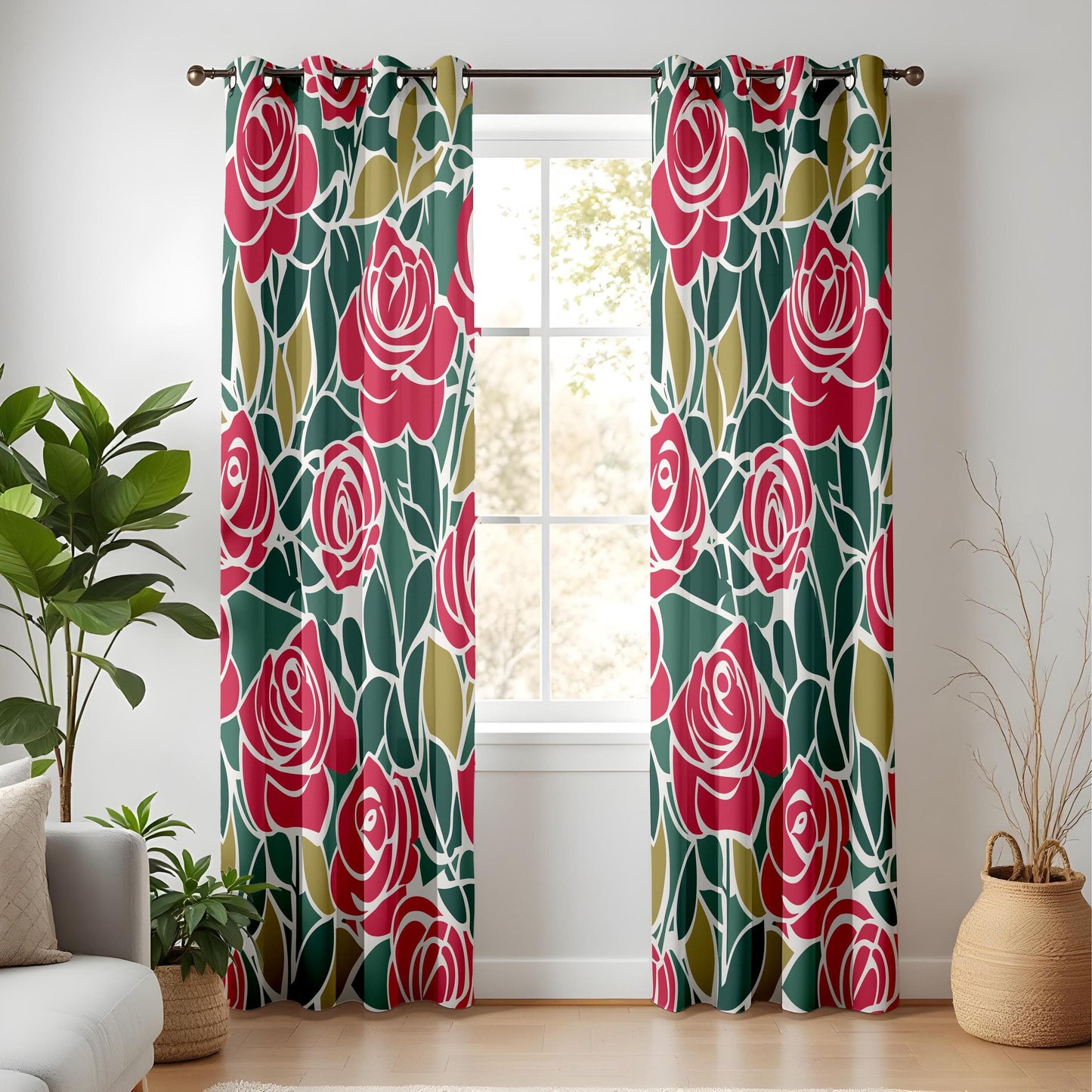Onay Modern Red Rose Curtains – Elegant Green Botanical Drapes