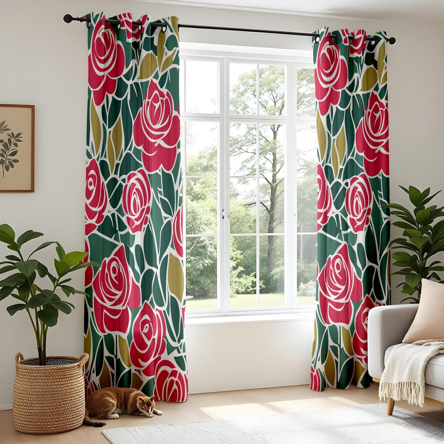 Onay Modern Red Rose Curtains – Elegant Green Botanical Drapes