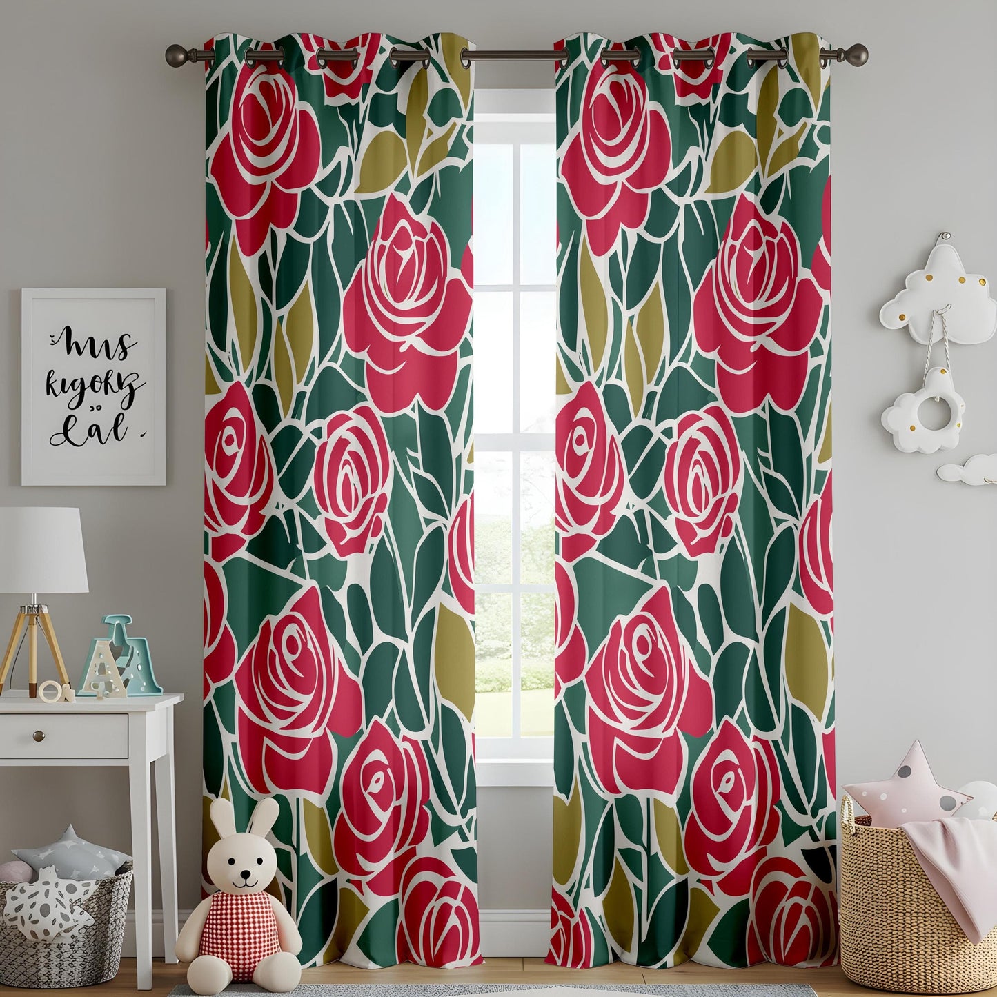 Onay Modern Red Rose Curtains – Elegant Green Botanical Drapes