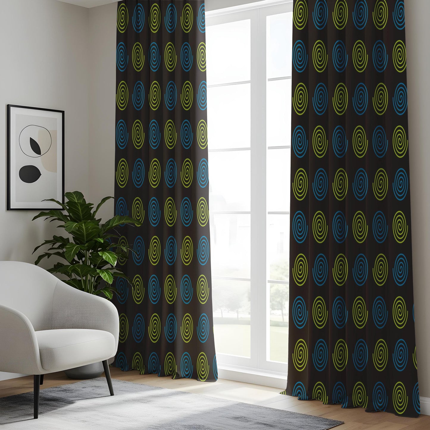 Onay Modern Spiral Pattern Curtains, Black & Neon Geometric Drapes