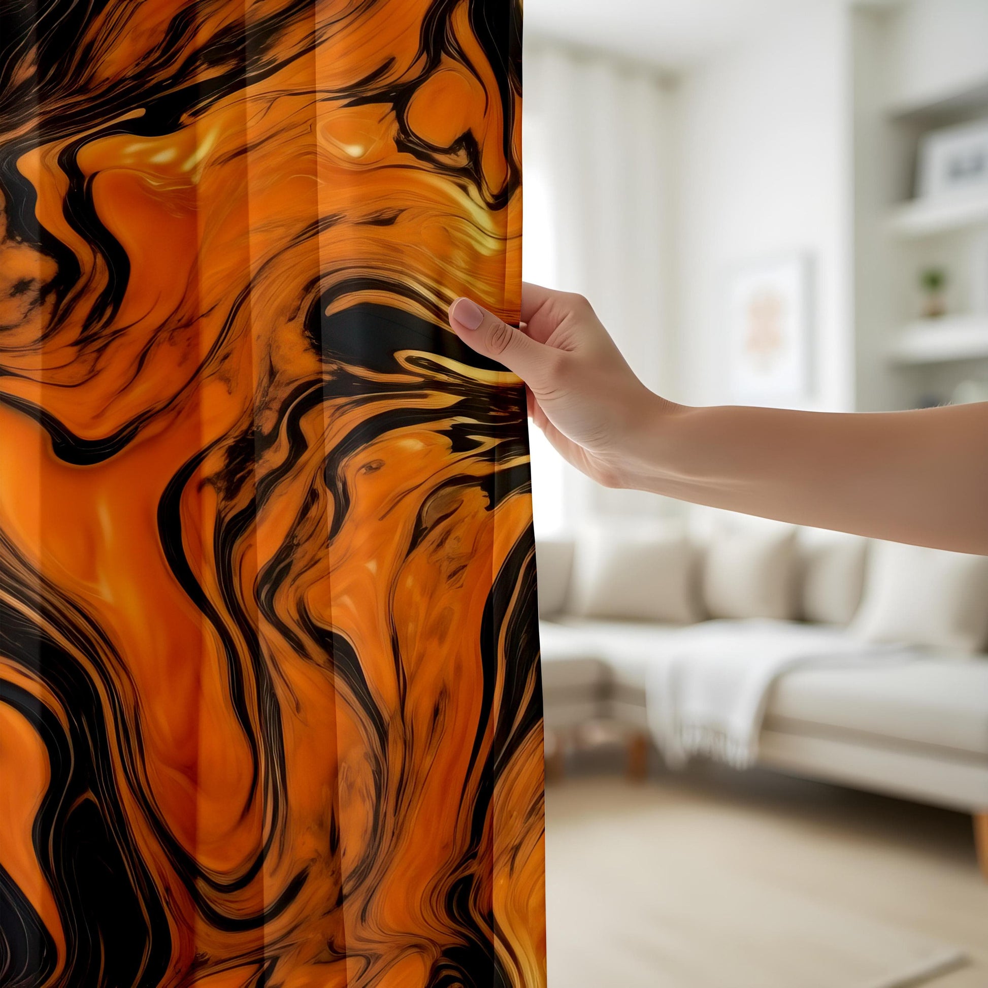 Onay Modern Swirl Pattern Living Room Curtains, Orange and Black Fluid Art Window Panels