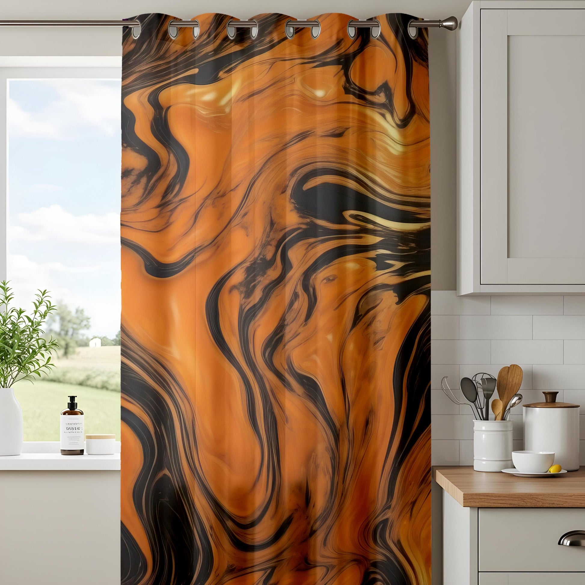 Onay Modern Swirl Pattern Living Room Curtains, Orange and Black Fluid Art Window Panels