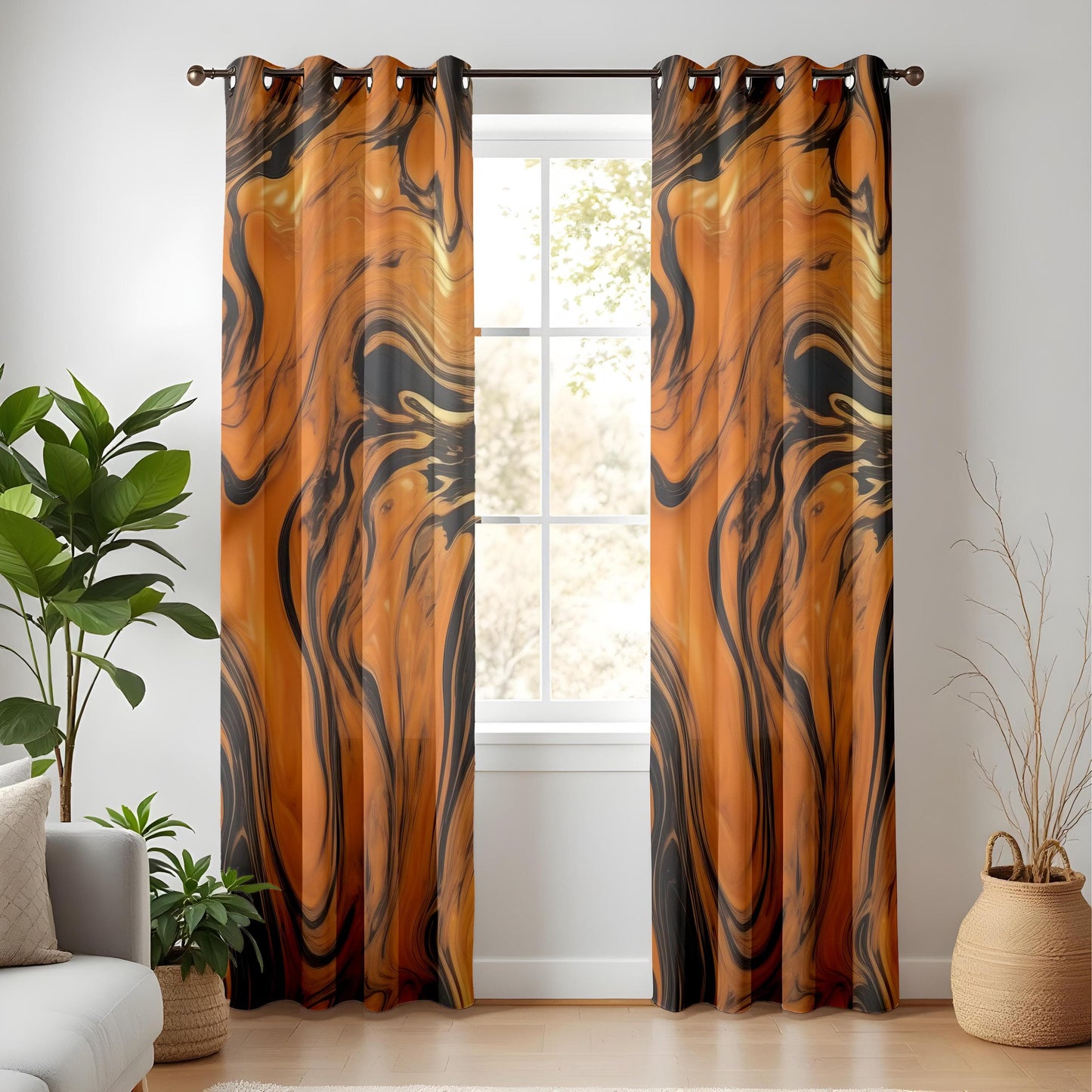 Onay Modern Swirl Pattern Living Room Curtains, Orange and Black Fluid Art Window Panels