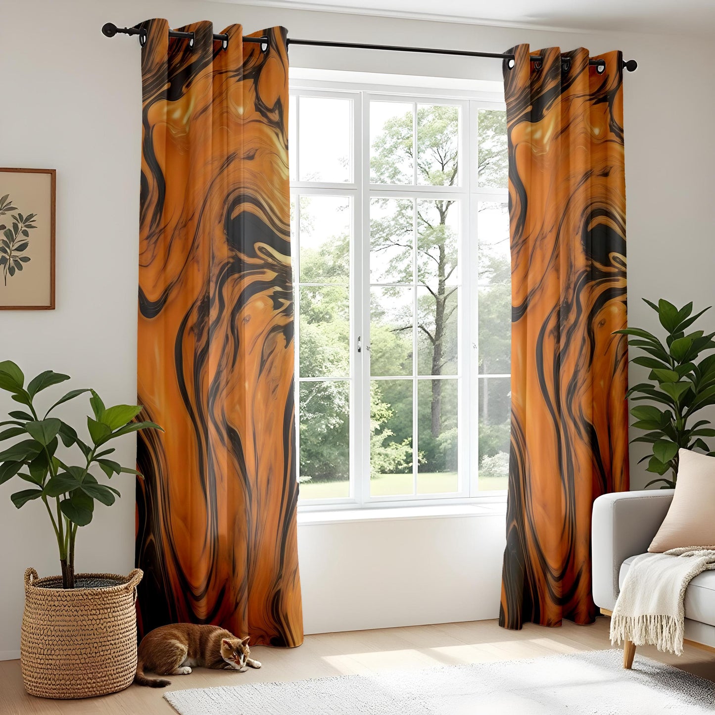 Onay Modern Swirl Pattern Living Room Curtains, Orange and Black Fluid Art Window Panels
