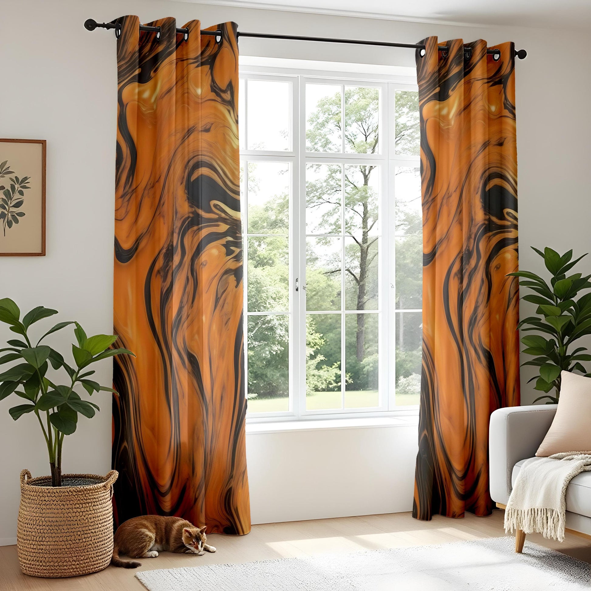 Onay Modern Swirl Pattern Living Room Curtains, Orange and Black Fluid Art Window Panels