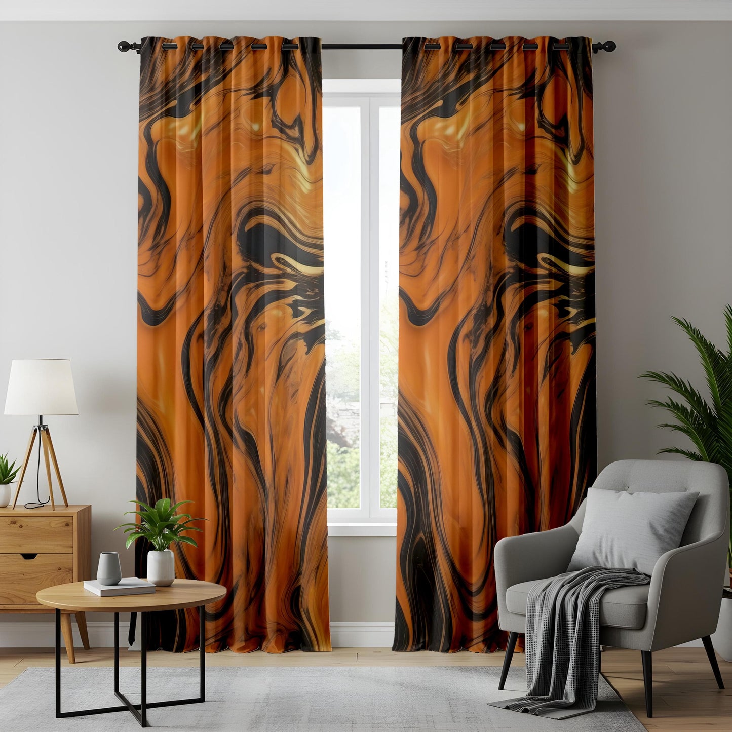 Onay Modern Swirl Pattern Living Room Curtains, Orange and Black Fluid Art Window Panels