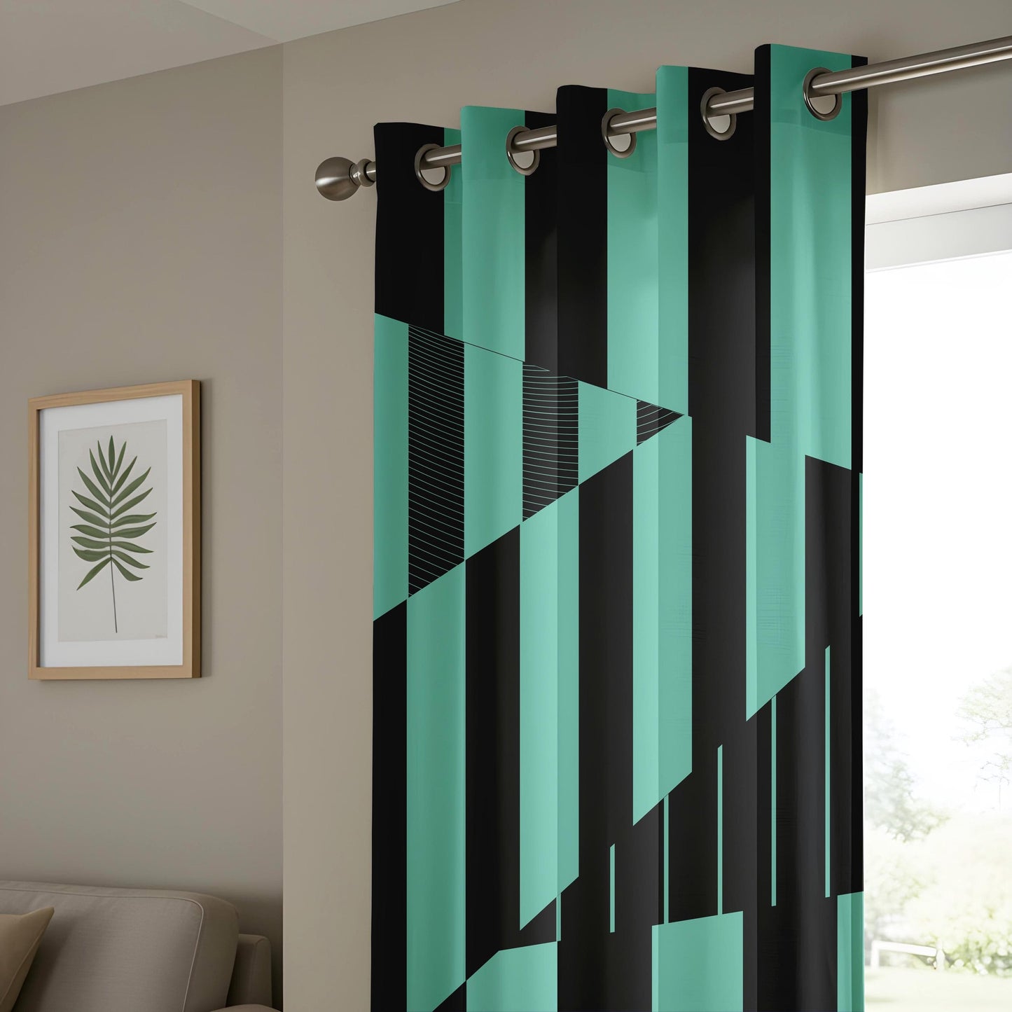 Onay Modern Teal and Black Curtains – Abstract Geometric Drapes with Striped Triangle Design