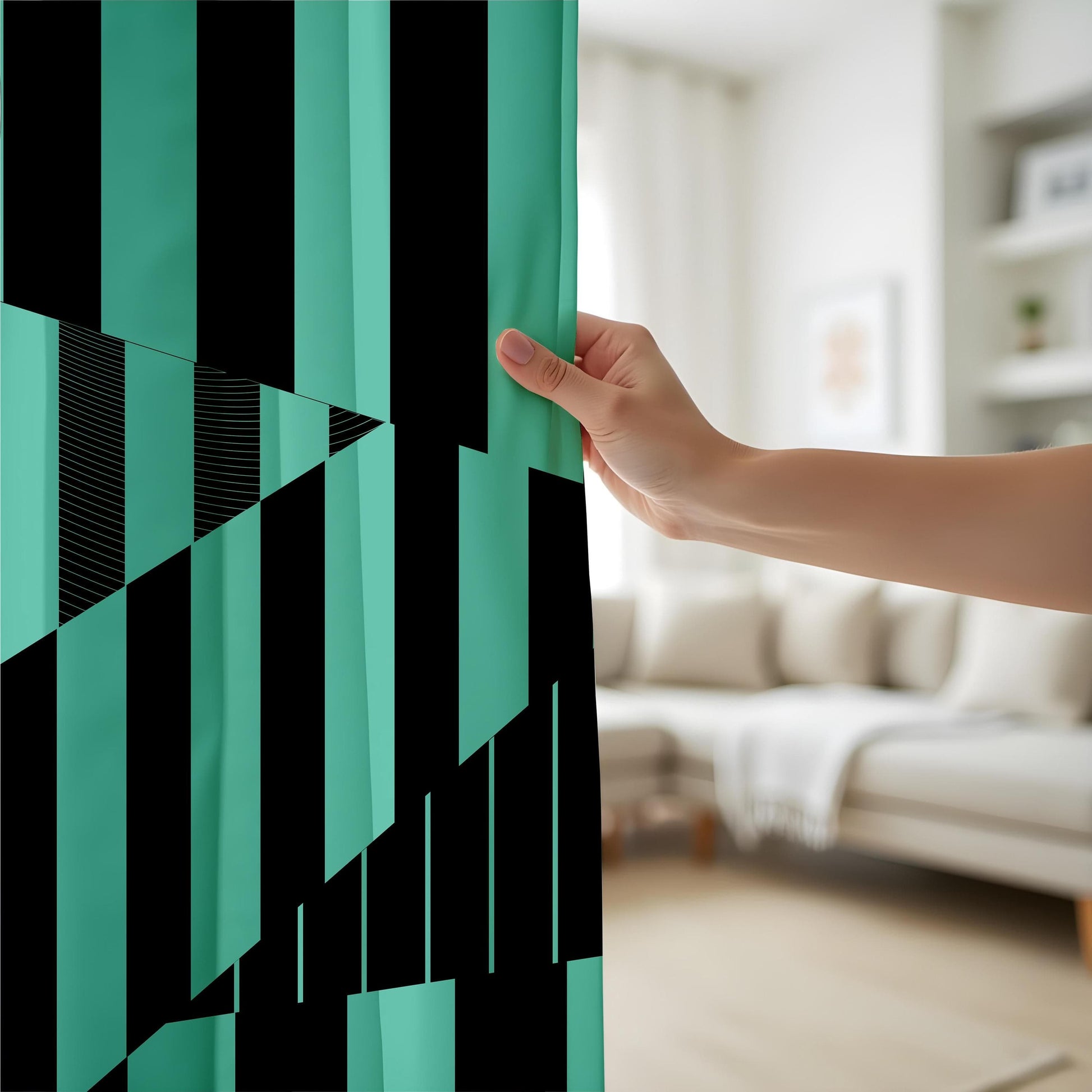Onay Modern Teal and Black Curtains – Abstract Geometric Drapes with Striped Triangle Design