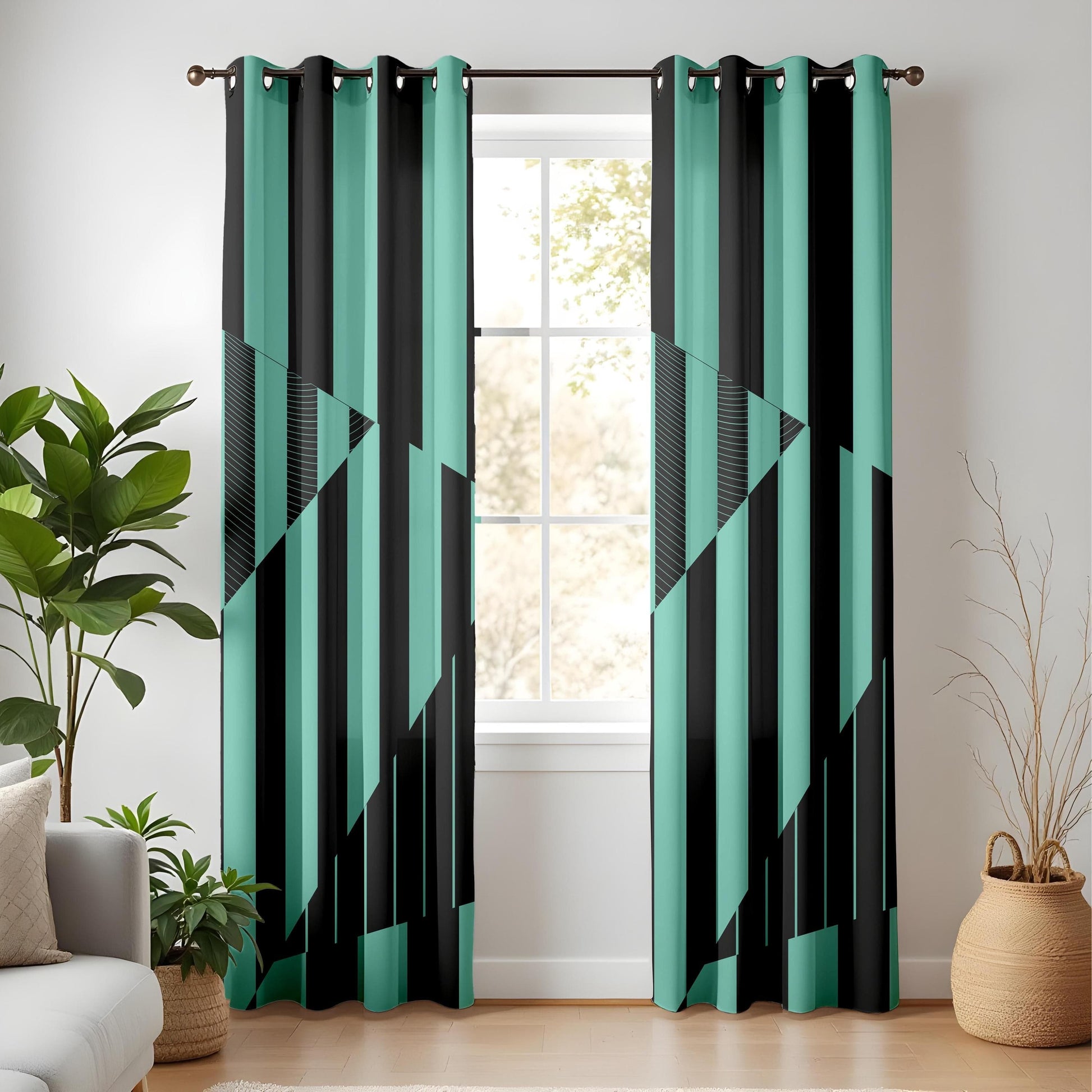 Onay Modern Teal and Black Curtains – Abstract Geometric Drapes with Striped Triangle Design