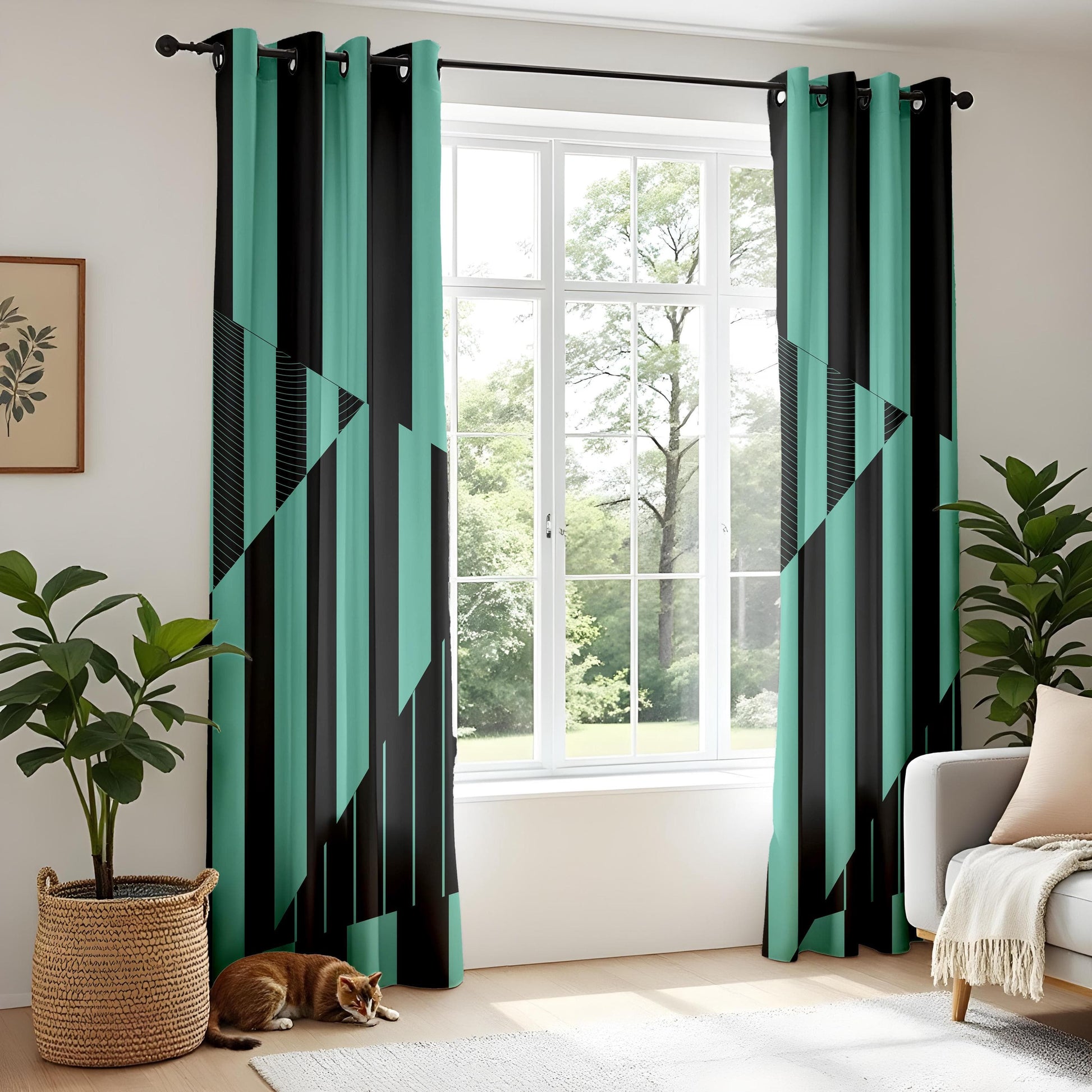 Onay Modern Teal and Black Curtains – Abstract Geometric Drapes with Striped Triangle Design