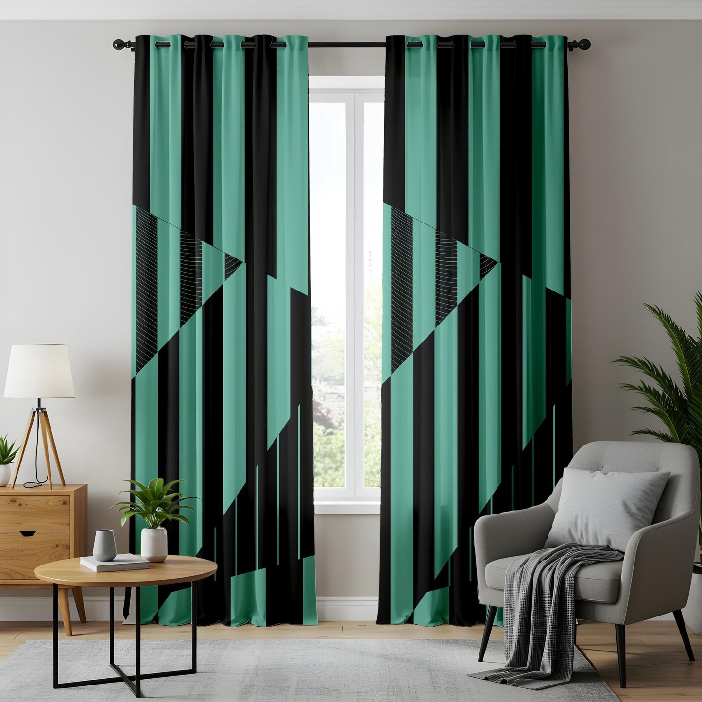 Onay Modern Teal and Black Curtains – Abstract Geometric Drapes with Striped Triangle Design