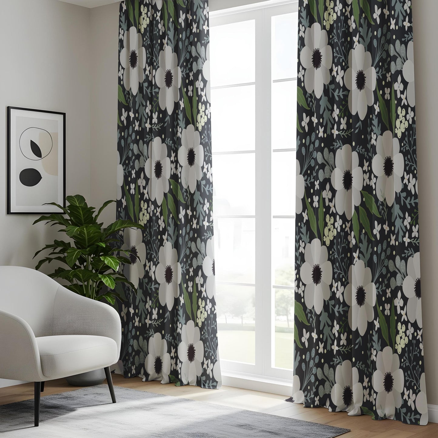Onay Monochrome Floral Living Room Curtains, White Flower Print on Dark
