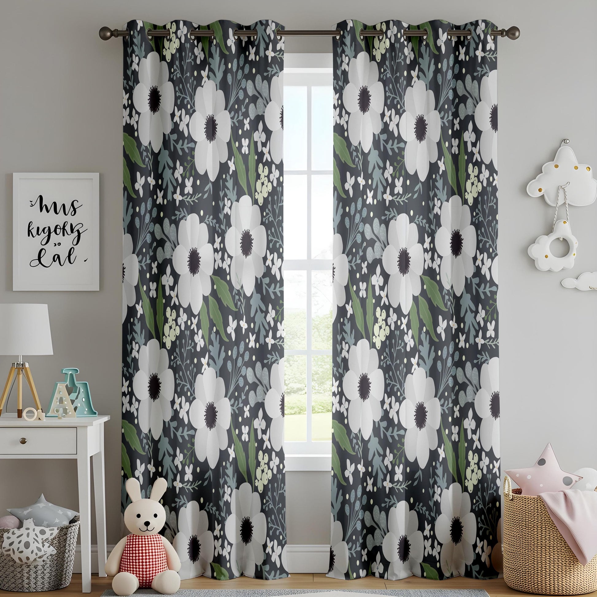 Onay Monochrome Floral Living Room Curtains, White Flower Print on Dark