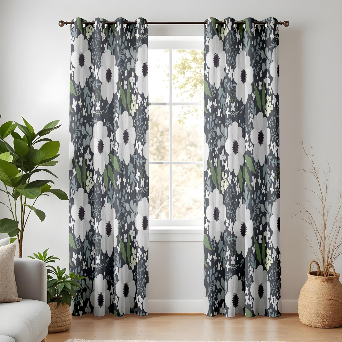 Onay Monochrome Floral Living Room Curtains, White Flower Print on Dark