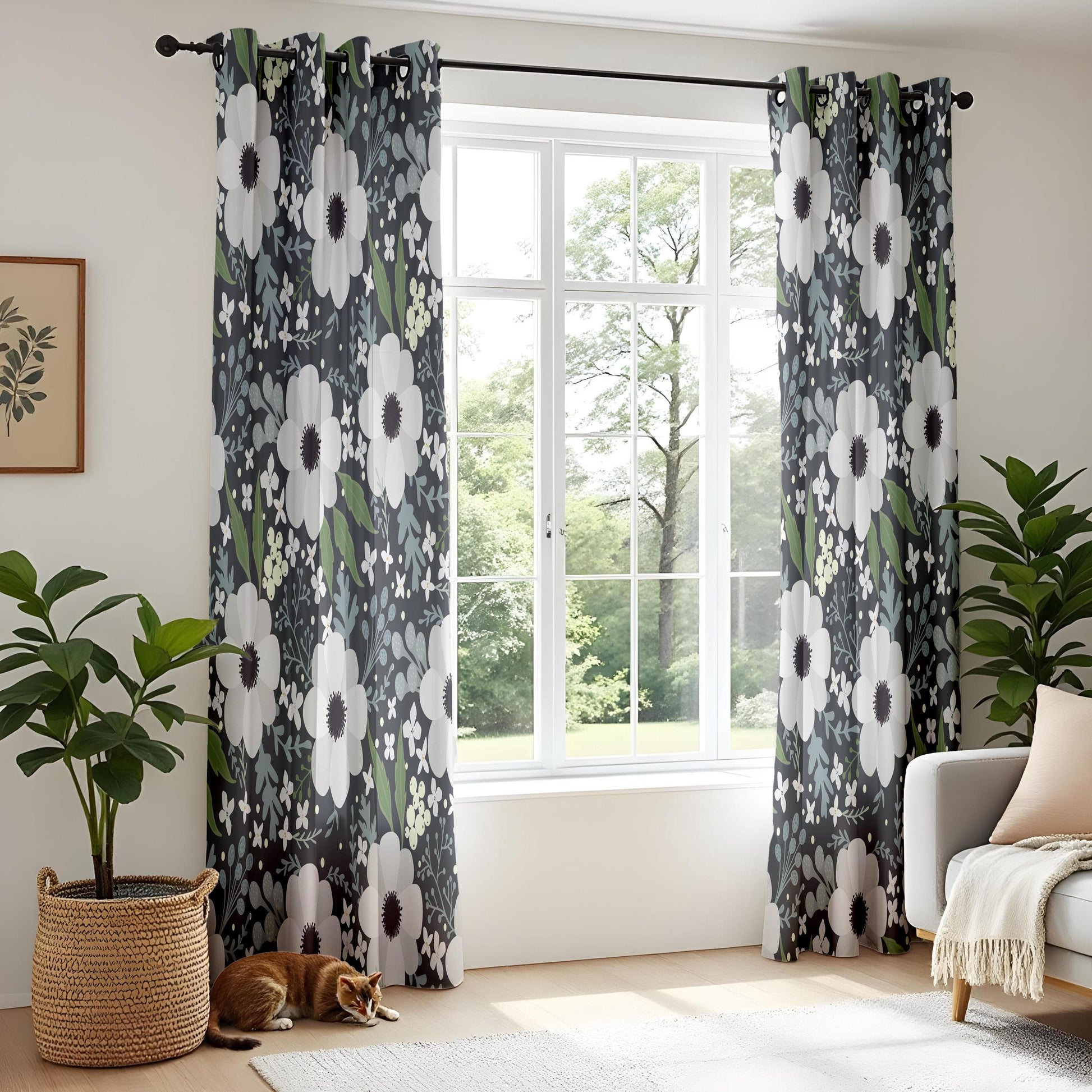 Onay Monochrome Floral Living Room Curtains, White Flower Print on Dark