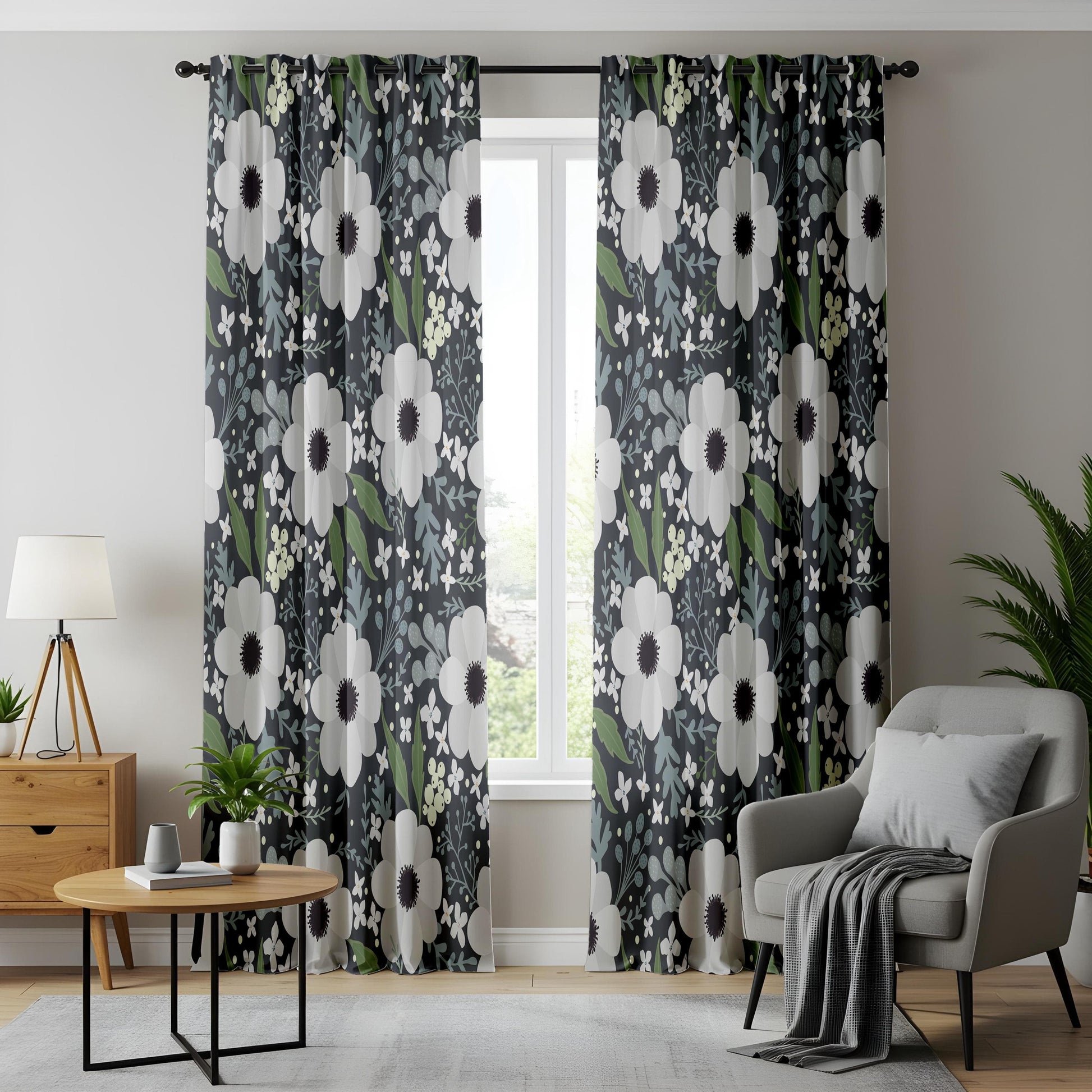 Onay Monochrome Floral Living Room Curtains, White Flower Print on Dark