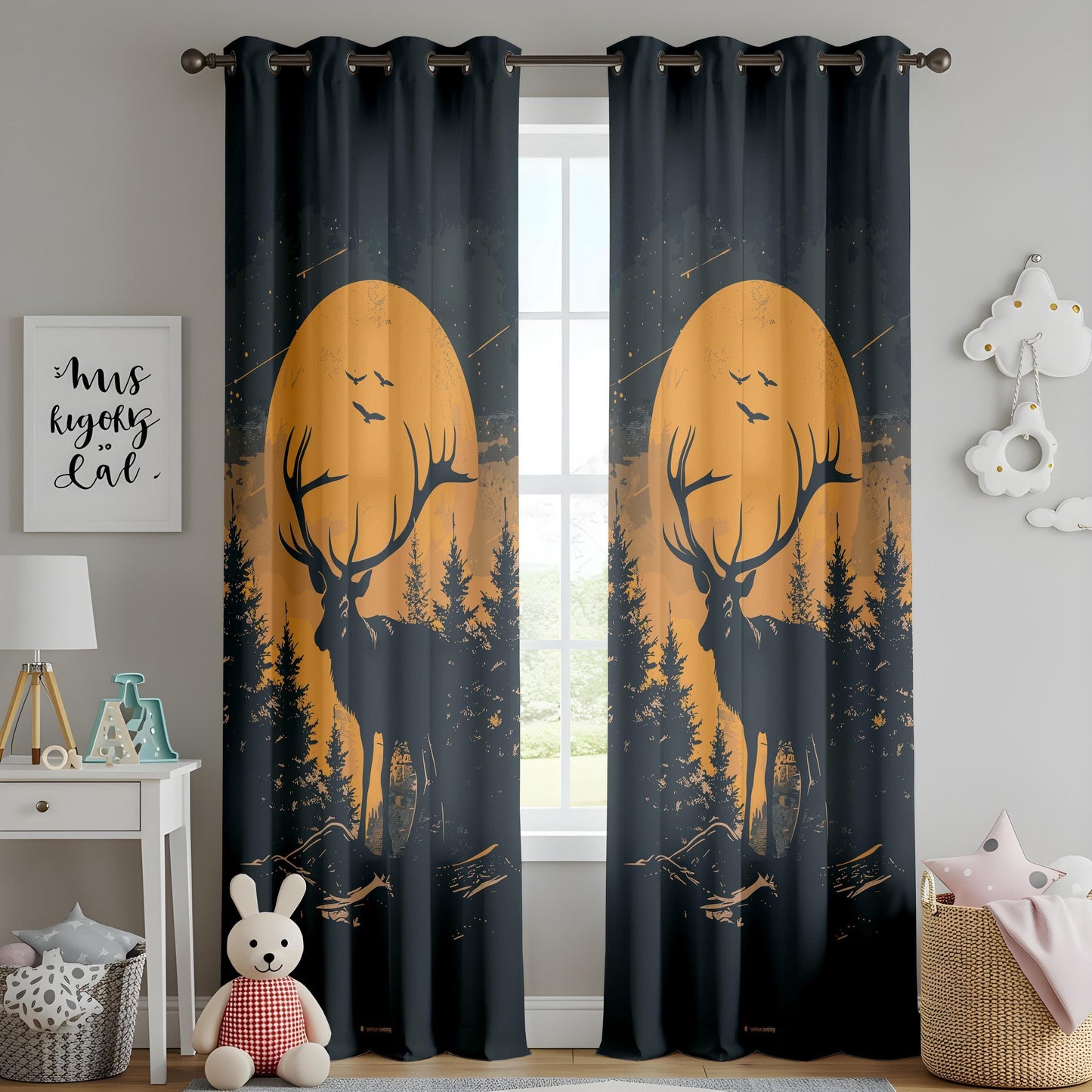 Onay Moody Forest Deer Curtains, Full Moon Silhouette Design Drapes