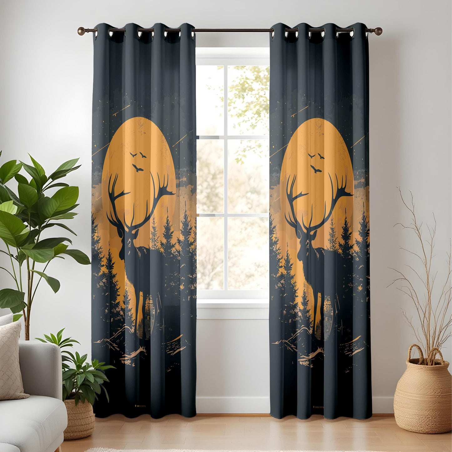 Onay Moody Forest Deer Curtains, Full Moon Silhouette Design Drapes